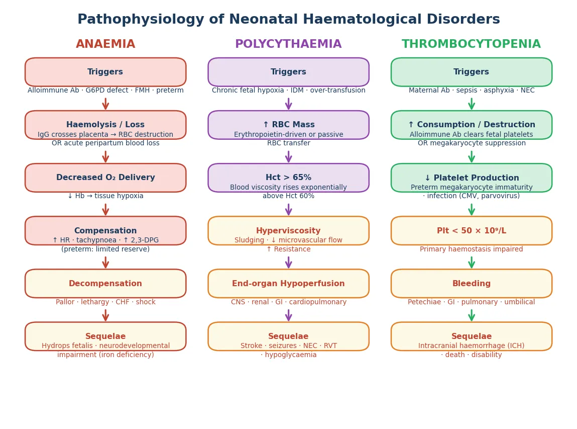 Pathophysiology cascade showing three parallel columns for anaemia (from triggers through haemolysis to decreased oxygen delivery and decompensation), polycythaemia (from triggers through increased red cell mass to hyperviscosity and end-organ hypoperfusion), and thrombocytopenia (from triggers through consumption and decreased production to bleeding and intracranial haemorrhage).