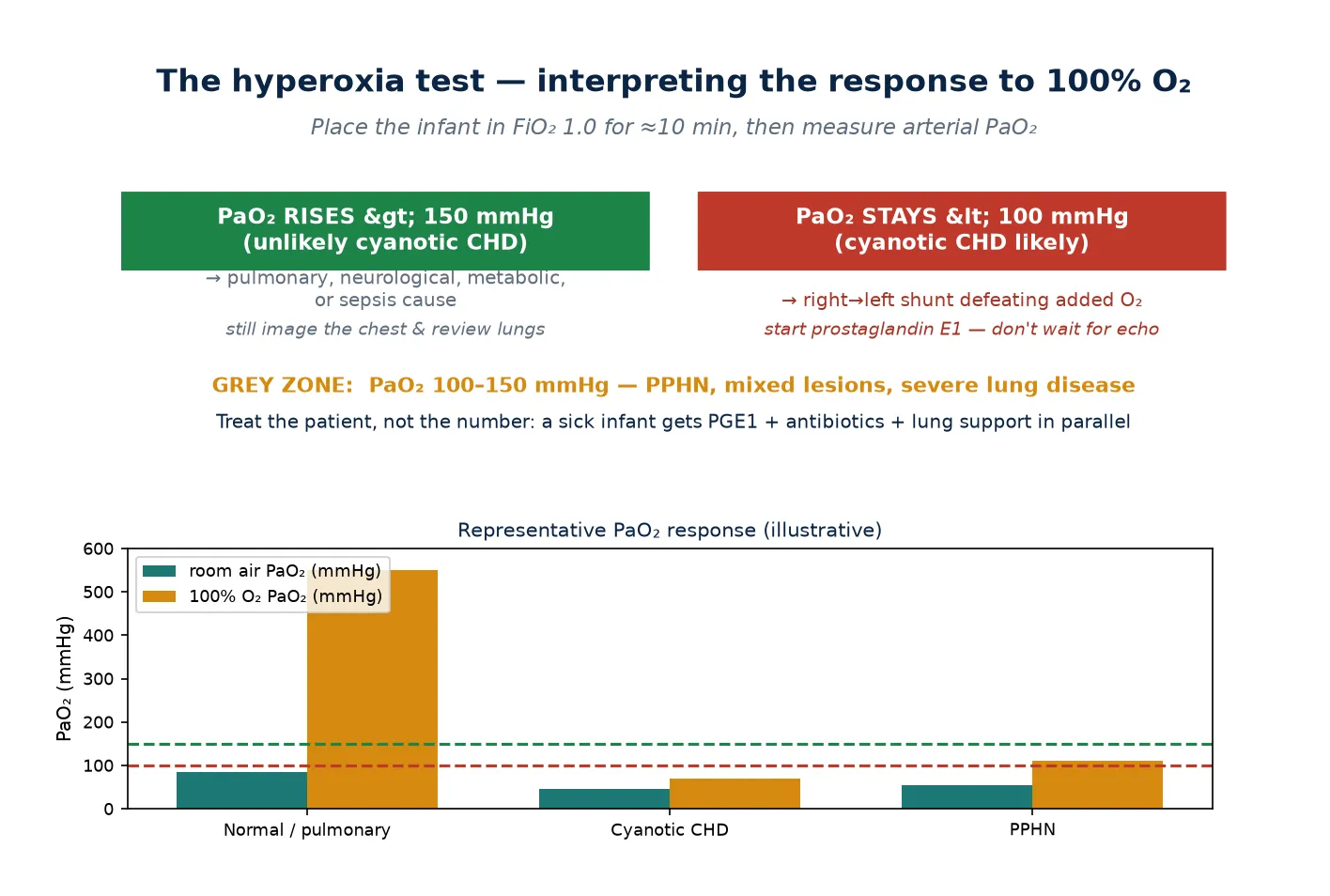Interpretation of the hyperoxia test response to 100% oxygen with PaO2 cut-points at 150 and 100 mmHg, a grey zone for PPHN and mixed lesions, and an illustrative bar chart of PaO2 in room air versus 100% oxygen for pulmonary, cyanotic-CHD and PPHN causes