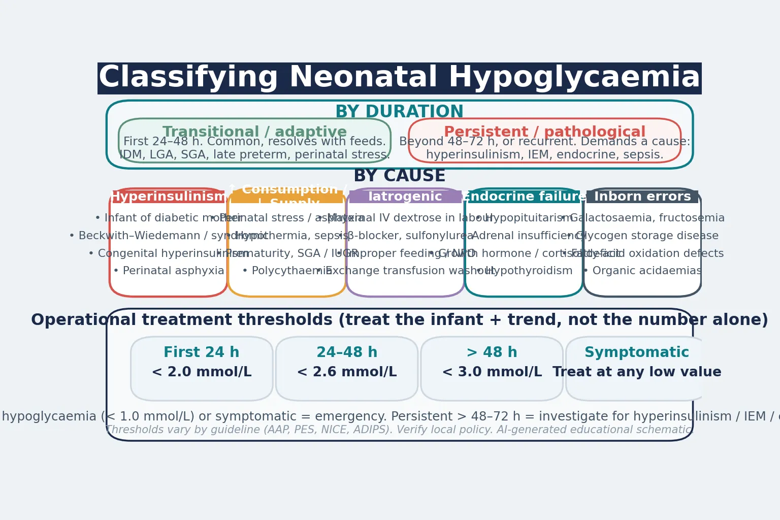 Classification of neonatal hypoglycaemia by duration (transitional versus persistent) and by cause (hyperinsulinism, increased consumption or decreased supply, iatrogenic, endocrine, inborn errors of metabolism), with operational treatment thresholds by postnatal age