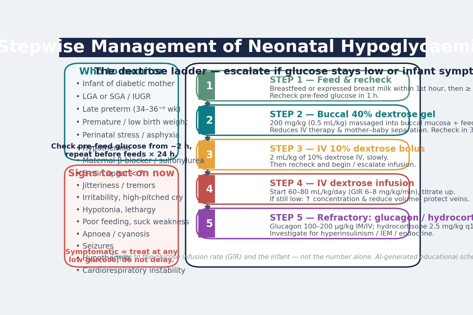 Stepwise dextrose ladder for neonatal hypoglycaemia: feed and recheck, buccal 40% dextrose gel, intravenous 10% dextrose bolus, escalating intravenous dextrose infusion, and glucagon or hydrocortisone for refractory cases, beside the at-risk monitoring list and signs to act on