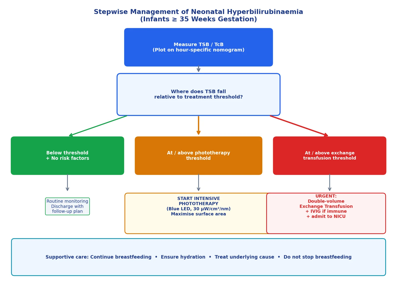 Stepwise management flowchart for neonatal hyperbilirubinaemia showing TSB measurement, nomogram plotting, three branches below threshold, at phototherapy threshold, and at exchange transfusion threshold, with supportive care at the base.