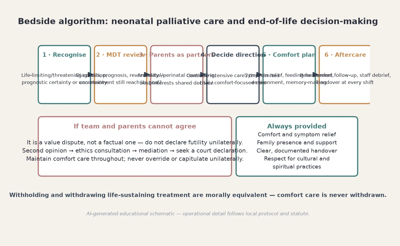 Stepwise bedside algorithm from recognising the life-limiting condition through MDT review, parental counselling, comfort plan, memory-making and aftercare, with an ethics-and-court escalation branch