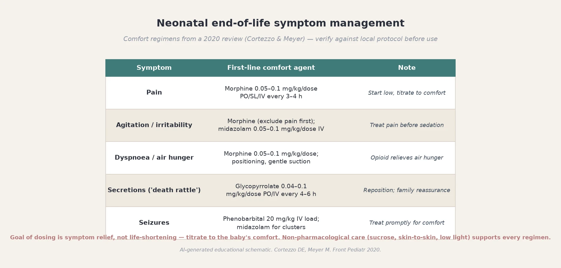 Neonatal end-of-life symptom management table giving first-line comfort agents for pain, agitation, dyspnoea, secretions and seizures