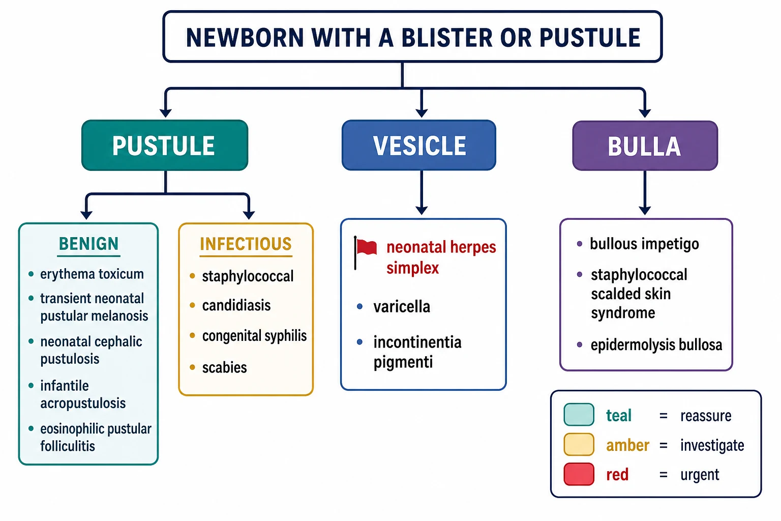 Decision-tree schematic classifying a neonatal blister or pustule: branching from a newborn with a lesion into pustule (benign teal — erythema toxicum, transient neonatal pustular melanosis, neonatal cephalic pustulosis, infantile acropustulosis, eosinophilic pustular folliculitis; infectious amber — staphylococcal, candidiasis, congenital syphilis, scabies), vesicle (herpes simplex red flag, varicella, incontinentia pigmenti), and bulla (bullous impetigo, staphylococcal scalded skin syndrome, epidermolysis bullosa), with a reassure-investigate-urgent legend