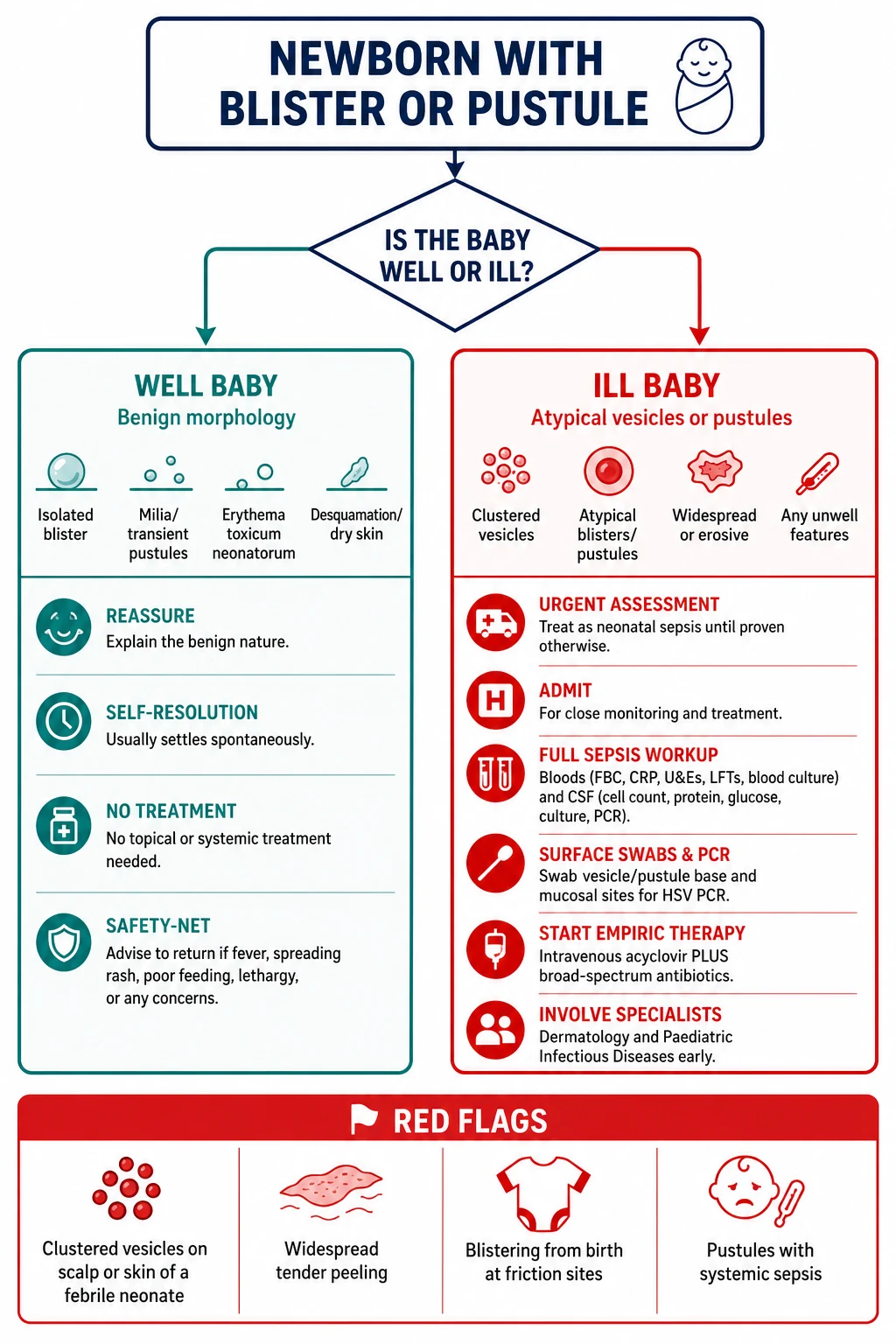 Triage flowchart for a neonate with a blister or pustule: a well-versus-ill decision leading to a teal reassure-and-safety-net box (confirm benign diagnosis, explain natural history, safety-net for fever, poor feeding or changing lesions) or a red urgent-assessment box (full sepsis workup, HSV PCR from surface swabs and CSF, empiric intravenous aciclovir and antibiotics, dermatology and infectious-diseases involvement), with a red-flag strip listing clustered vesicles on a febrile neonate, widespread tender peeling, friction-site blistering from birth, and pustules with sepsis
