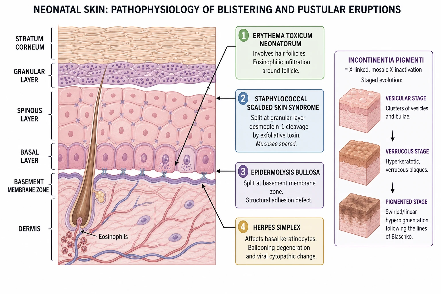 Labelled skin cross-section showing four mechanisms: erythema toxicum as an eosinophilic follicular reaction at a hair follicle; staphylococcal scalded skin syndrome as exfoliative toxin cleaving desmoglein-1 at the granular layer with mucosae spared; epidermolysis bullosa as a split at the basement membrane zone from an adhesion defect; and herpes simplex as ballooning degeneration of basal keratinocytes with viral cytopathic change, plus an inset for incontinentia pigmenti showing mosaic X-inactivation along the lines of Blaschko