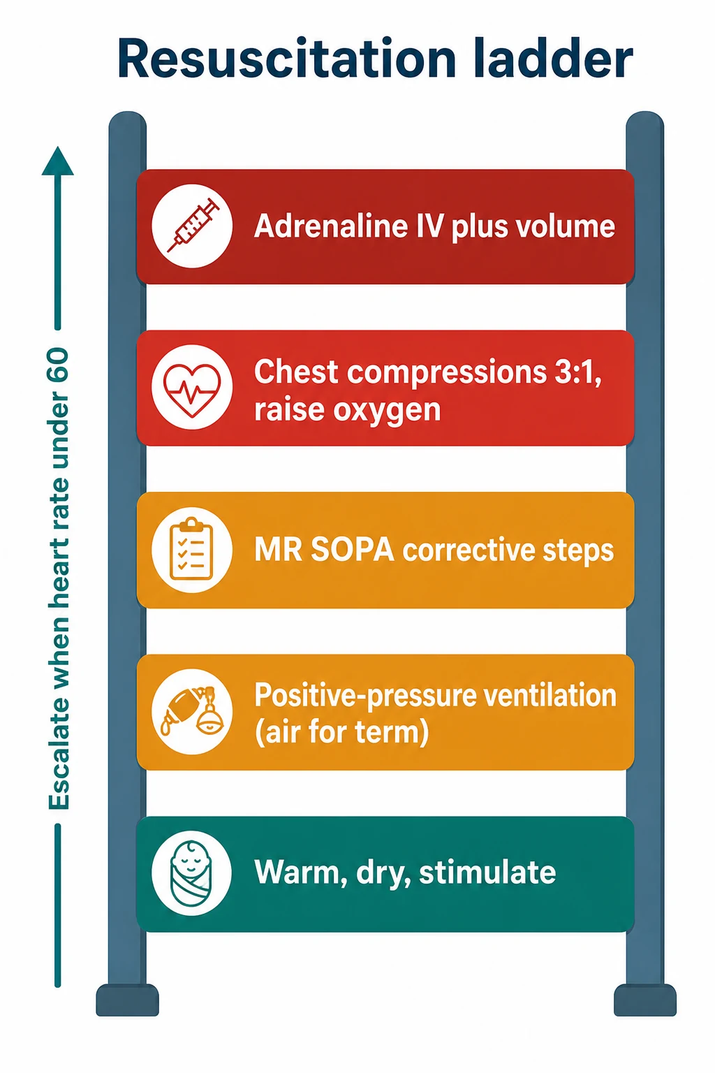 Educational stepwise ladder showing the five rungs of neonatal resuscitation from warm-dry-stimulate up to adrenaline and volume, with a side arrow marking heart rate under 60 as the escalation trigger