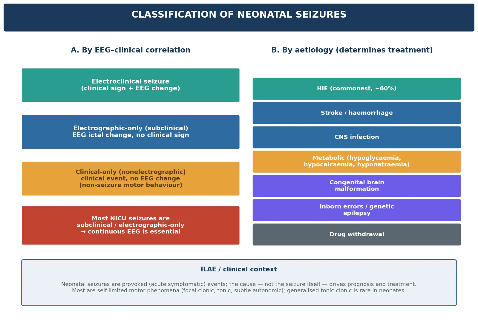 Classification of neonatal seizures by EEG-clinical correlation (electroclinical, electrographic-only, clinical-only) alongside the principal aetiologies
