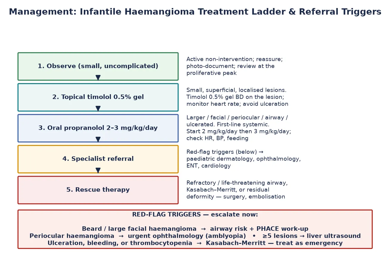 Stepwise treatment ladder for infantile haemangioma escalating from observe, to topical timolol 0.5% gel, to oral propranolol at weight-based dosing, to specialist referral, to rescue therapy, beside a red-flag trigger panel covering PHACE, periocular lesions, five or more haemangiomas, ulceration and Kasabach–Merritt