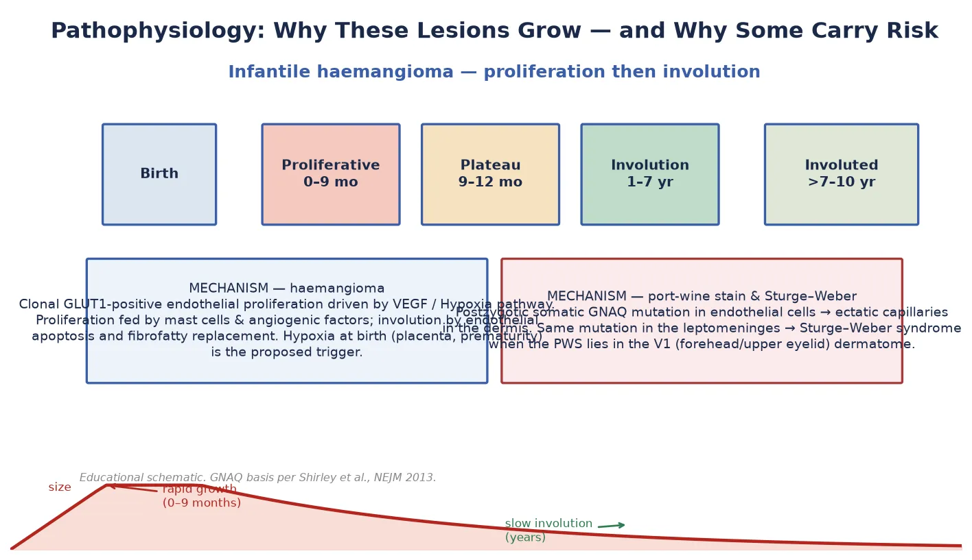 Pathophysiology schematic of infantile haemangioma showing the proliferation-then-involution growth curve driven by GLUT1-positive endothelial cells and the VEGF and hypoxia pathway, beside the GNAQ postzygotic somatic mutation that produces port-wine stain and Sturge–Weber leptomeningeal angiomatosis