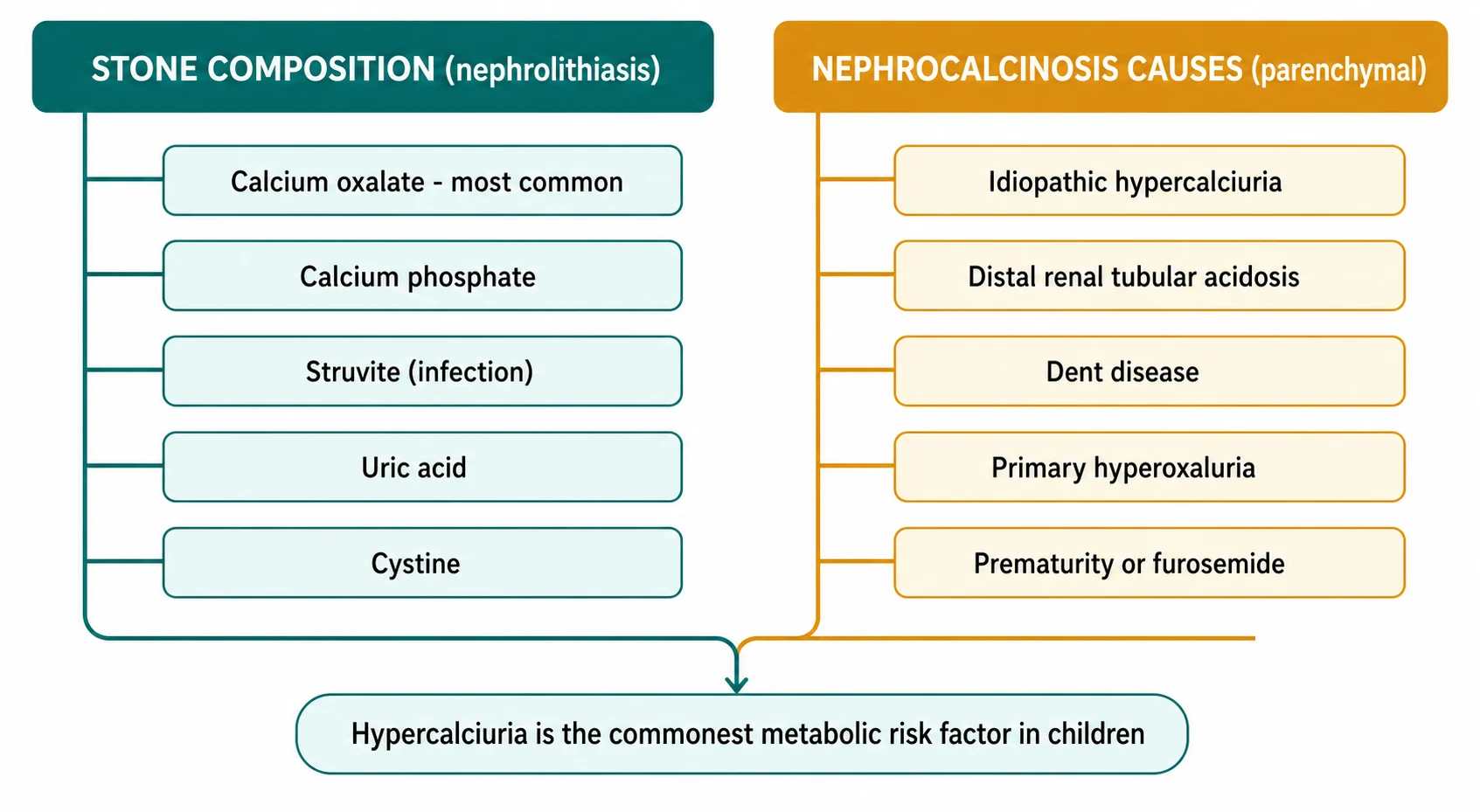 Two-branch classification flowchart on a white background. The left branch headed Stone Composition lists five boxes: calcium oxalate most common, calcium phosphate, struvite infection, uric acid, and cystine. The right branch headed Nephrocalcinosis Causes lists five boxes: idiopathic hypercalciuria, distal renal tubular acidosis, Dent disease, primary hyperoxaluria, and prematurity or furosemide. A footer box states hypercalciuria is the commonest metabolic risk factor in children.