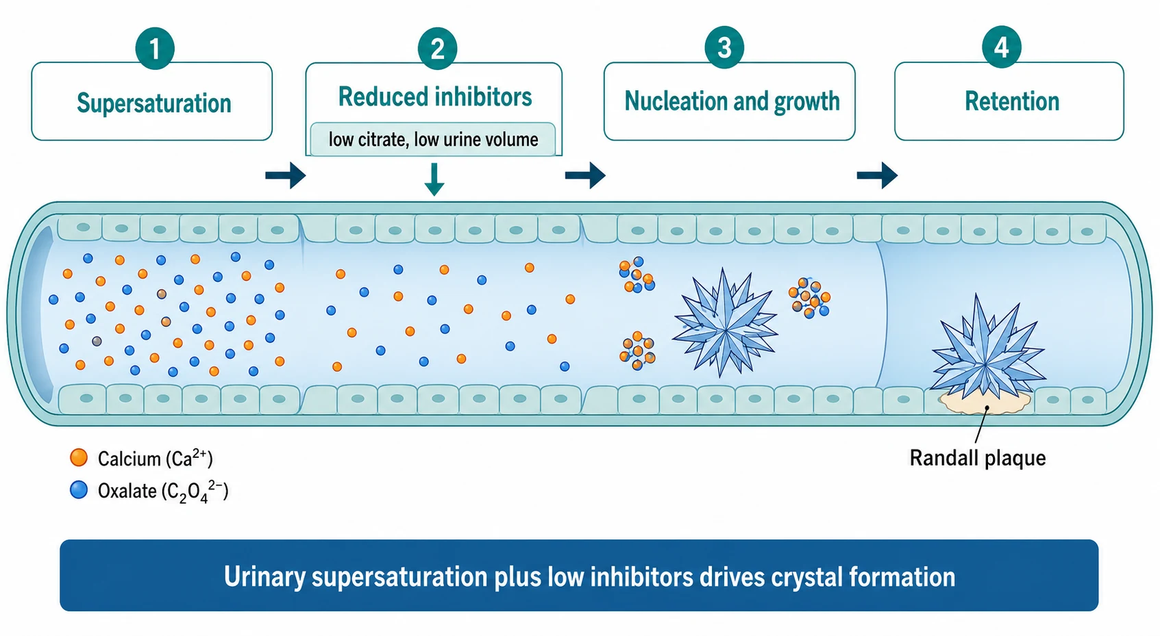 Horizontal four-step mechanism diagram inside a long renal tubule shown as a tube, on a white background. Step 1 Supersaturation shows crowded calcium and oxalate solute dots. Step 2 Reduced inhibitors shows a downward arrow with a banner reading low citrate and low urine volume. Step 3 Nucleation and growth shows solute dots clumping into a spiky crystal. Step 4 Retention shows a crystal anchored to the tubular wall labelled Randall plaque. A footer banner reads urinary supersaturation plus low inhibitors drives crystal formation.