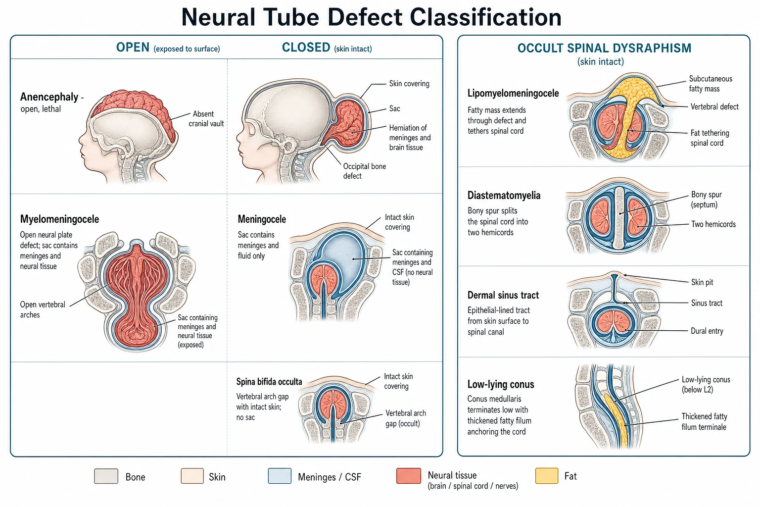 A clean medical schematic on a white background titled Neural Tube Defect Classification. The left panel shows the open versus closed divide, with anencephaly at the cranial end as an open defect incompatible with life, an encephalocele as a sac protruding through a skull defect, and myelomeningocele as an open spinal lesion with a cystic sac containing neural tissue, contrasted with a meningocele where the sac contains only cerebrospinal fluid and spina bifida occulta where the skin covers a vertebral arch defect. The right panel shows the occult spinal dysraphism subtypes as cross sections of the spinal canal, including a lipomyelomeningocele with fat tethering the cord, a diastematomyelia with a bony spur splitting the cord into two hemicords, a dermal sinus tract, a thickened fatty filum, and a low-lying conus below L2 with a tethered cord.
