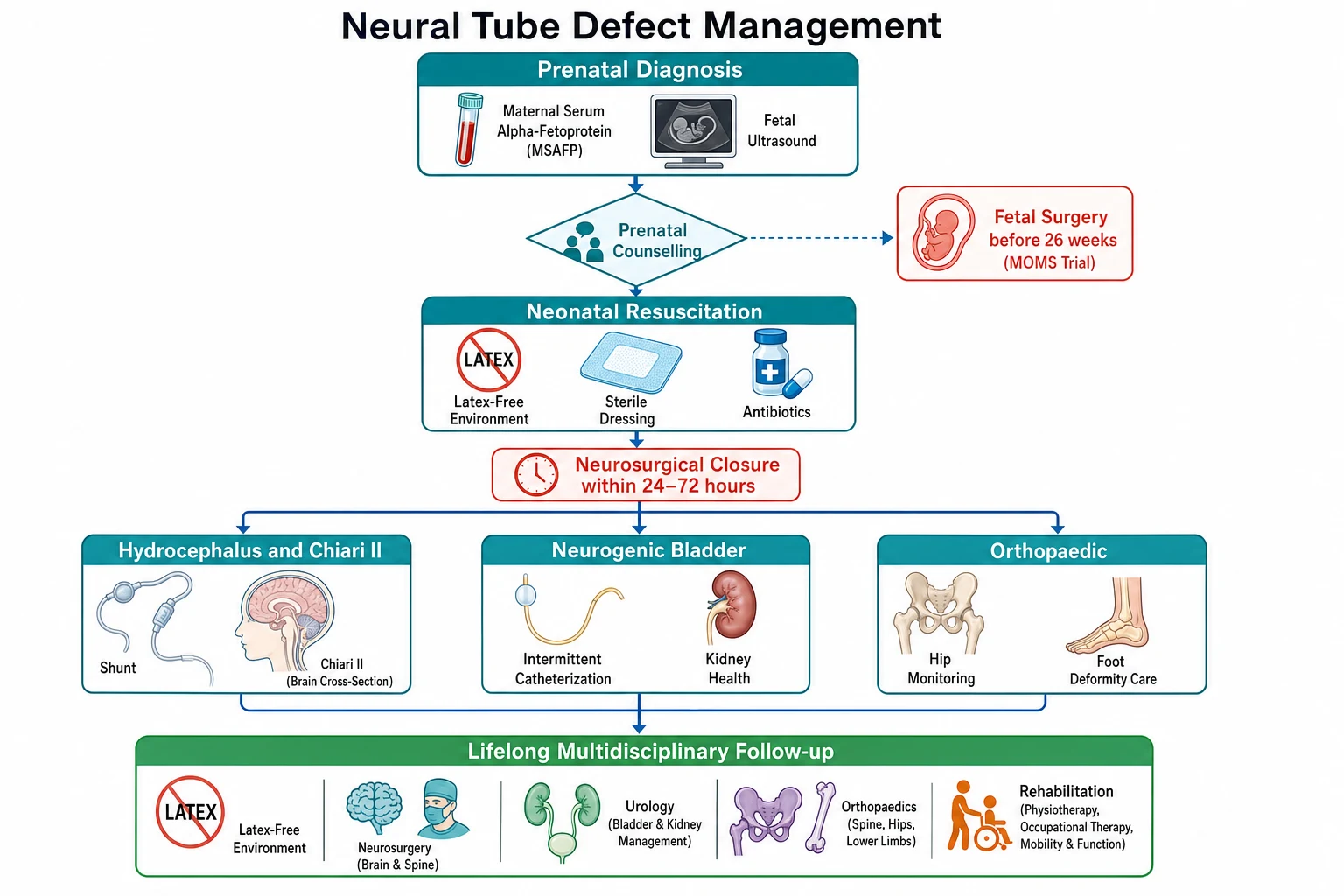 A clean medical flowchart on a white background titled Neural Tube Defect Management. It flows from the prenatal diagnosis by the maternal serum alpha-fetoprotein and the fetal ultrasound, through the prenatal counselling and the option of fetal surgery before 26 weeks from the Management of Myelomeningocele Study, to the neonatal resuscitation with the latex-free environment, the sterile covering, and the neurosurgical closure within 24 to 72 hours. A parallel branch shows the hydrocephalus and the Chiari II managed by the shunt or the posterior fossa decompression, the neurogenic bladder managed by the clean intermittent catheterisation and the anticholinergics, and the orthopaedic management of the hips and the feet. A bottom box shows the lifelong multidisciplinary follow-up across neurosurgery, urology, orthopaedics, and rehabilitation, and the latex-free environment from birth.