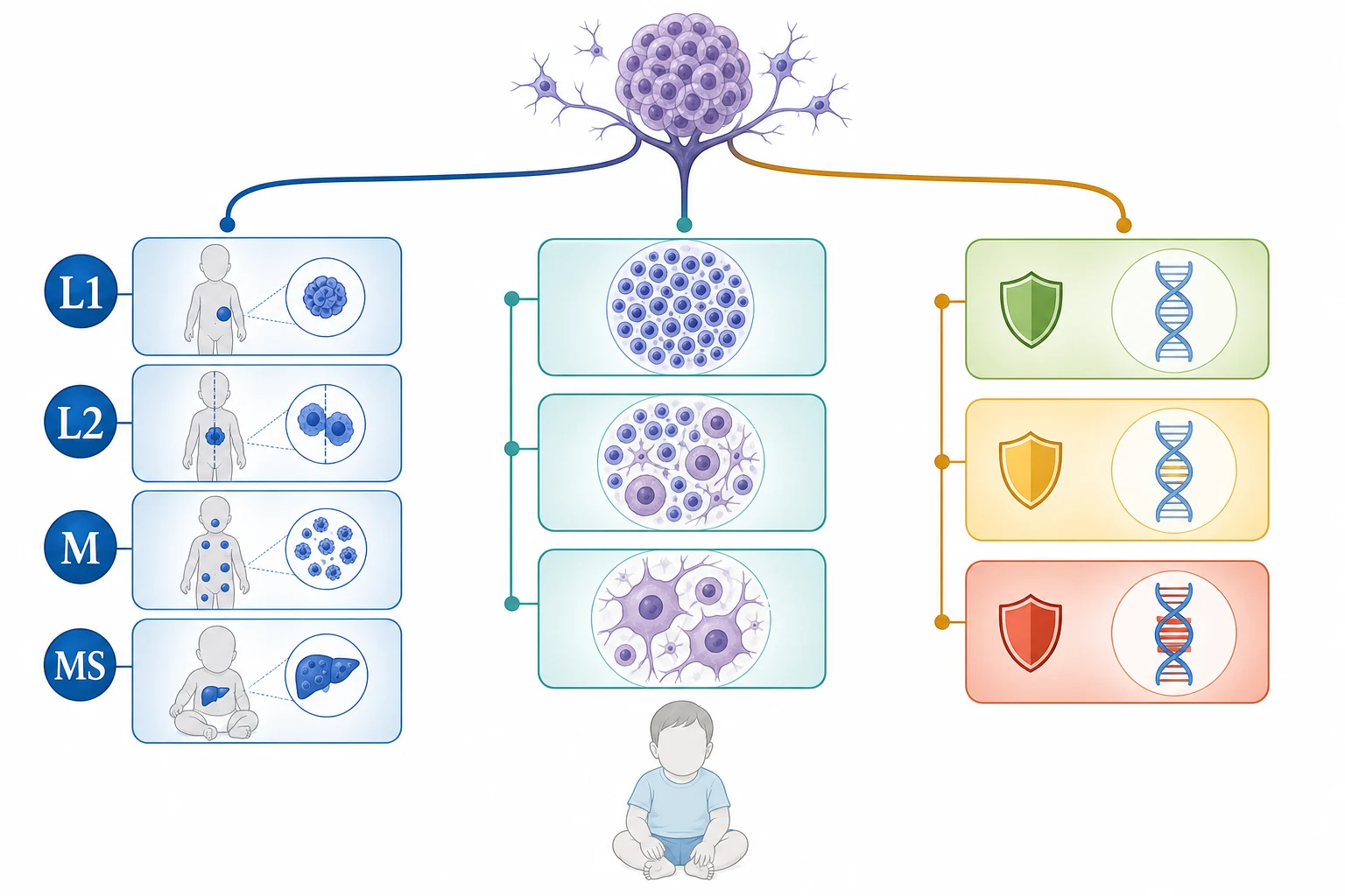 A clean schematic on a white background showing the International Neuroblastoma Risk Group staging system branching from a central point into four stages: L1 showing a localized tumour in one body compartment, L2 showing a locoregional tumour crossing the midline with image-defined risk factors, M showing distant metastatic spread to bone and liver and marrow, and MS showing metastatic disease confined to skin and liver and marrow in an infant silhouette. Three histology icons show the spectrum from small round blue cell neuroblastoma through mixed ganglioneuroblastoma to mature ganglioneuroma. Three risk bars show low, intermediate, and high with MYCN gene icons of non-amplified and amplified.
