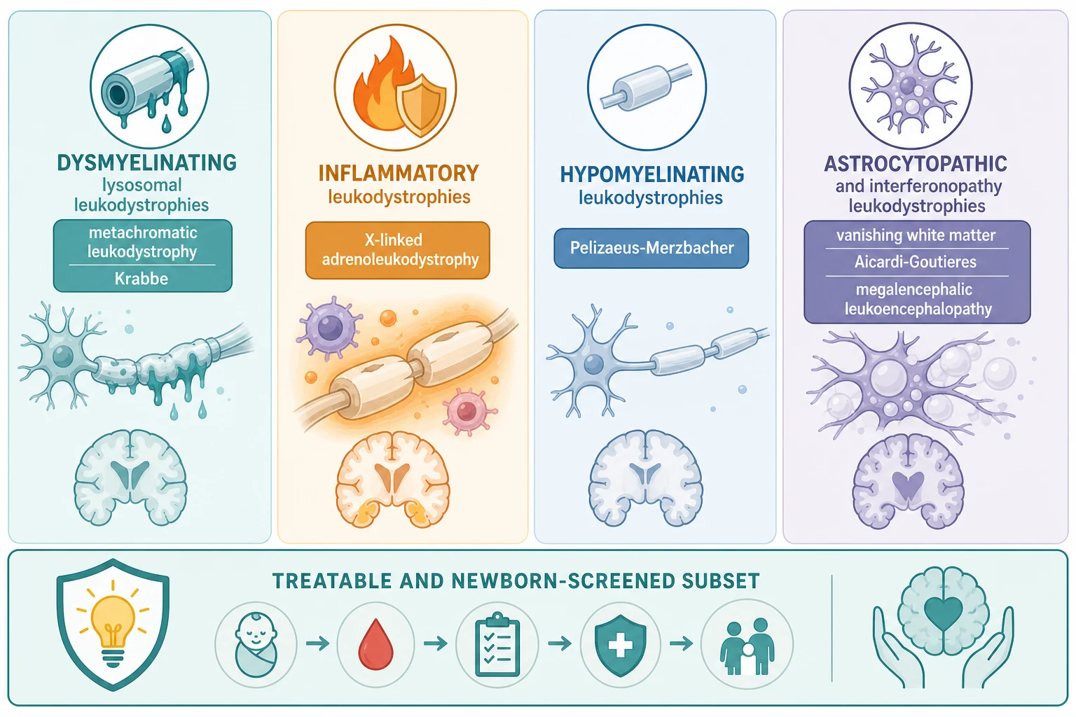 Four mechanism-group columns of inherited white-matter disorders - lysosomal and dysmyelinating with metachromatic leukodystrophy and Krabbe, peroxisomal and inflammatory with X-linked adrenoleukodystrophy, hypomyelinating with Pelizaeus-Merzbacher, and astrocytopathic and interferonopathic with vanishing white matter, Aicardi-Goutieres and megalencephalic leukoencephalopathy - above a lower band marking the newborn-screened and treatable subset