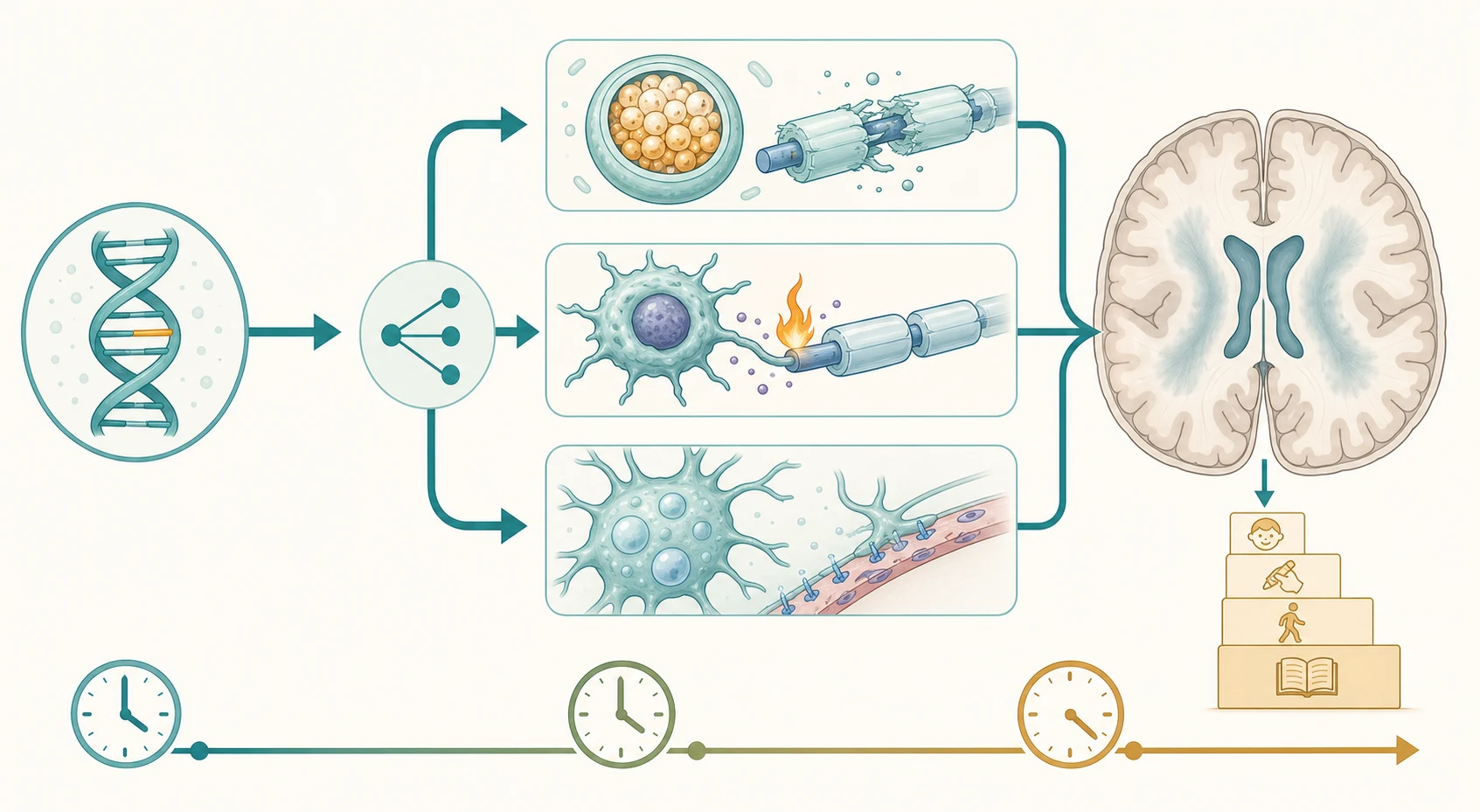 Left-to-right cascade from a DNA variant through three white-matter injury pathways - a lysosome engorged with substrate beside a fraying myelin sheath, an inflammatory cell attacking a myelinated axon with a flame, and a swollen fluid-filled astrocyte with vacuoles - converging on a brain cross-section with symmetric white-matter change above a descending milestone staircase, with a tempo timeline of acute, subacute, and insidious clocks along the bottom