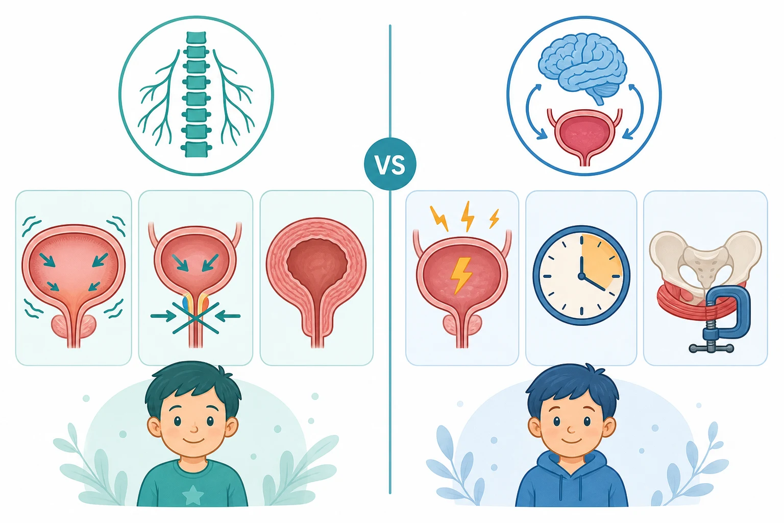 Two-column educational infographic contrasting a neurogenic bladder caused by a cord lesion with the functional dysfunctional voiding and overactive bladder spectrum