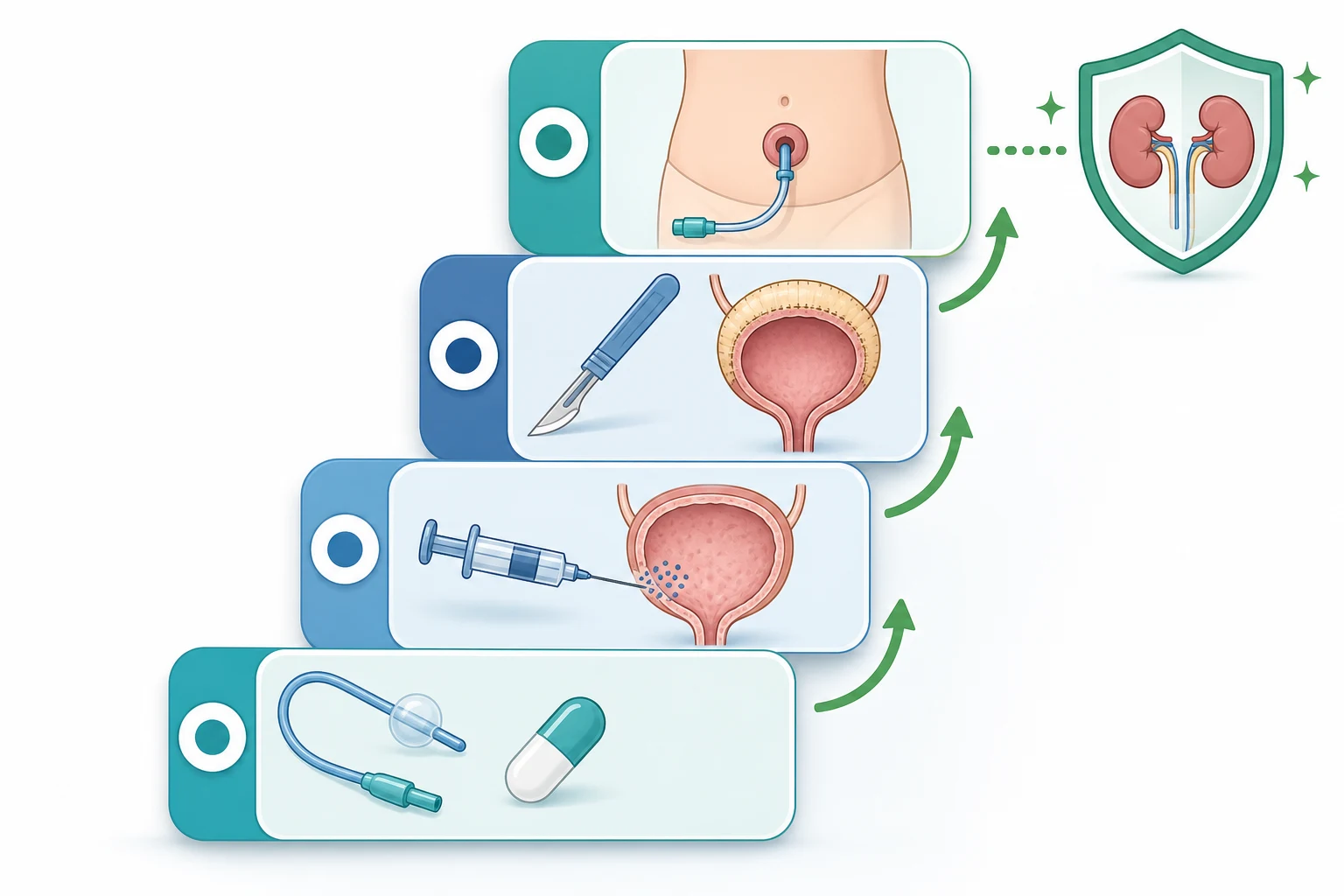 Educational four-step management ladder escalating from clean intermittent catheterisation with an anticholinergic, to intravesical botulinum toxin, to bladder augmentation, and to a continent catheterisable channel