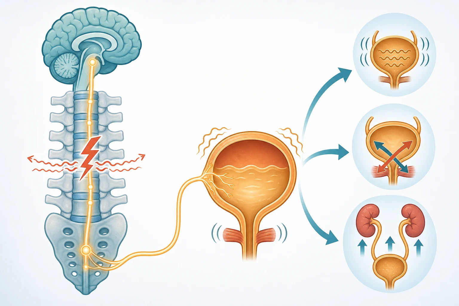 Educational mechanism diagram showing the brain-to-sacral-cord-to-bladder nerve pathway and how a spinal cord lesion disrupts it, producing detrusor overactivity, dyssynergia, and high pressures that travel up to the kidneys