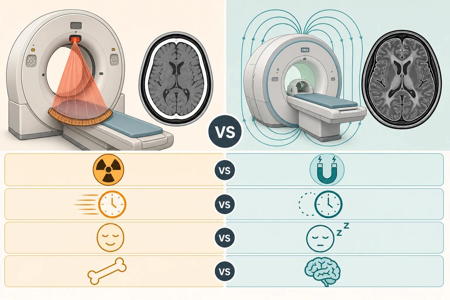 Side-by-side comparison of a CT scanner with an ionising radiation beam crossing a stylised skull cross-section and an MRI scanner with magnetic-field arcs crossing a detailed soft-tissue brain cross-section, with icon rows contrasting radiation versus magnet, fast versus slow acquisition, calm versus sedated patient, and bone versus soft-tissue contrast