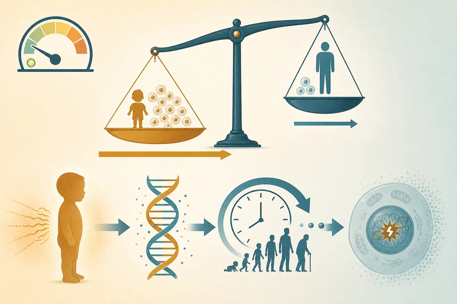 Conceptual infographic: a child silhouette receives radiation, with an arrow to a damaged DNA double helix, then to a lifetime clock, then to a mutated cell; a balance scale contrasts a child with many dividing cells and a long lifespan arrow against an adult with fewer dividing cells and a shorter arrow