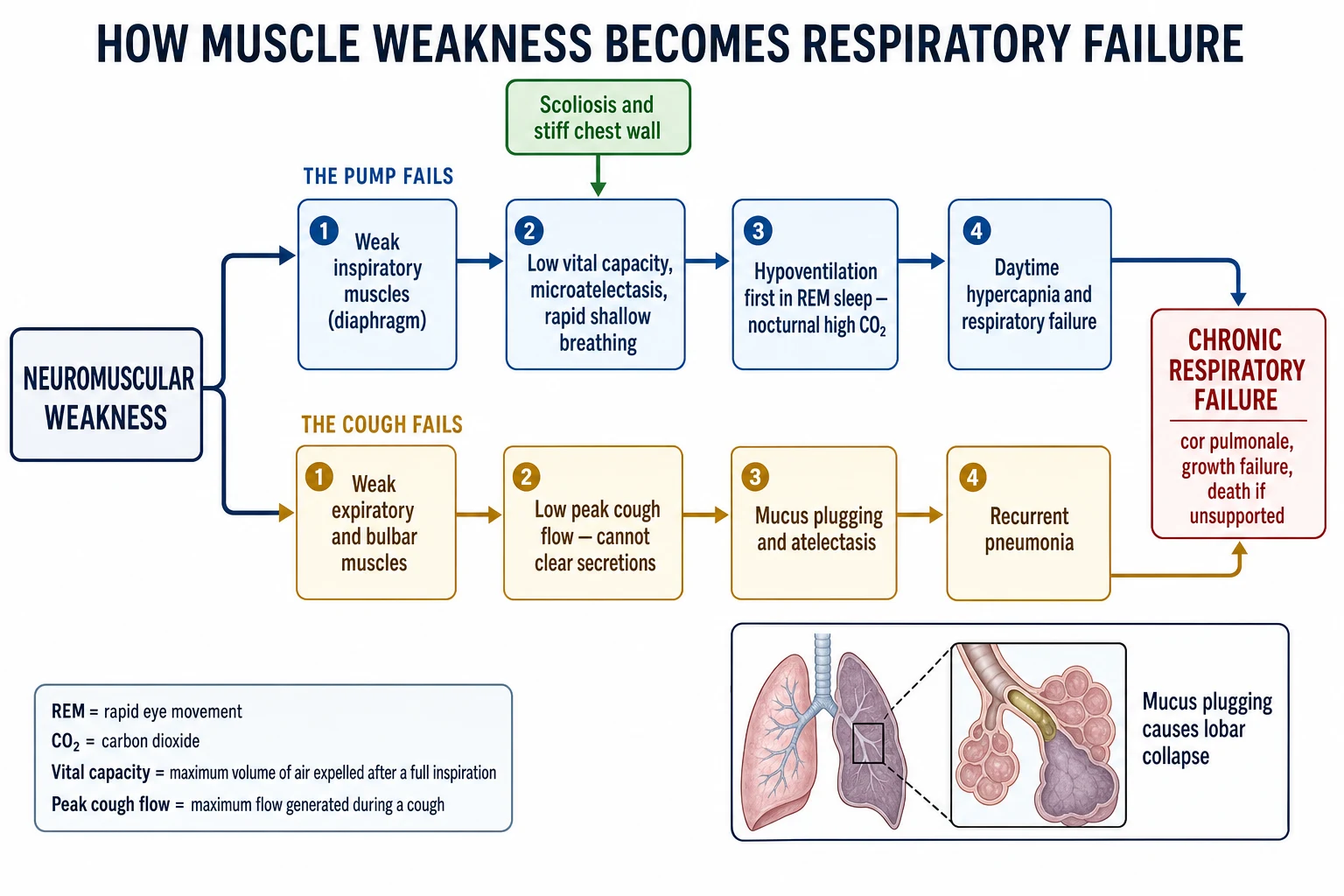 Two parallel pathways from neuromuscular weakness to chronic respiratory failure. The pump-fails pathway runs from weak inspiratory muscles and diaphragm, through low vital capacity, microatelectasis and rapid shallow breathing, to hypoventilation first in rapid eye movement sleep with nocturnal high carbon dioxide, then daytime hypercapnia and respiratory failure. The cough-fails pathway runs from weak expiratory and bulbar muscles, through low peak cough flow that cannot clear secretions, to mucus plugging and atelectasis, then recurrent pneumonia. Scoliosis and a stiff chest wall feed into the restrictive defect. Both pathways converge on chronic respiratory failure with cor pulmonale, growth failure and death if unsupported.