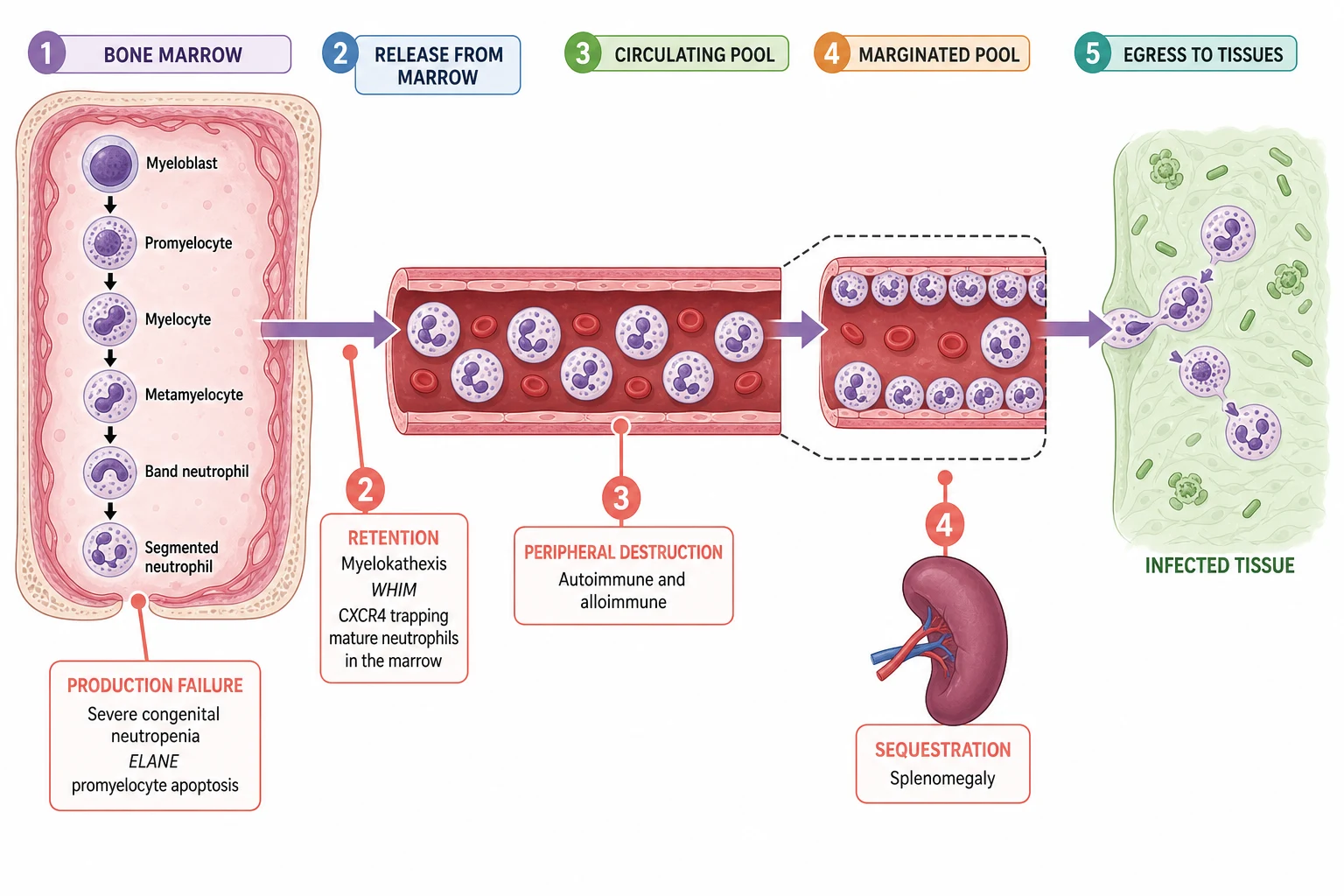 A clean medical-education pathophysiology schematic on a white background showing neutrophil kinetics as a left-to-right pipeline. Stage one is the bone marrow with the neutrophil maturation cascade myeloblast to segmented neutrophil in a pink marrow cavity. Stage two is release into the circulating pool in a vessel. Stage three is a dashed branch labelled marginated pool with cells lining the vessel wall. Stage four is egress to a green infected tissue. Four coral call-out pins mark where each mechanism fails: production failure labelled severe congenital neutropenia on the marrow, peripheral destruction labelled autoimmune on the vessel, retention labelled myelokathexis WHIM on the marrow release step, trapping mature neutrophils in the marrow, and sequestration labelled splenomegaly on a spleen icon.