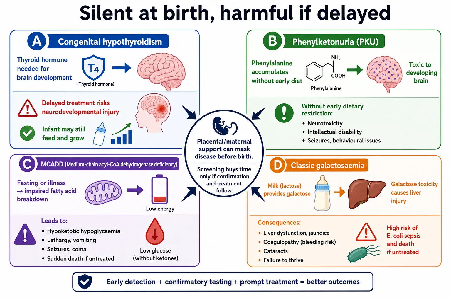 Educational four-panel mechanism diagram of congenital hypothyroidism, PKU, MCADD and classic galactosaemia showing silent onset at birth and harm if treatment is delayed