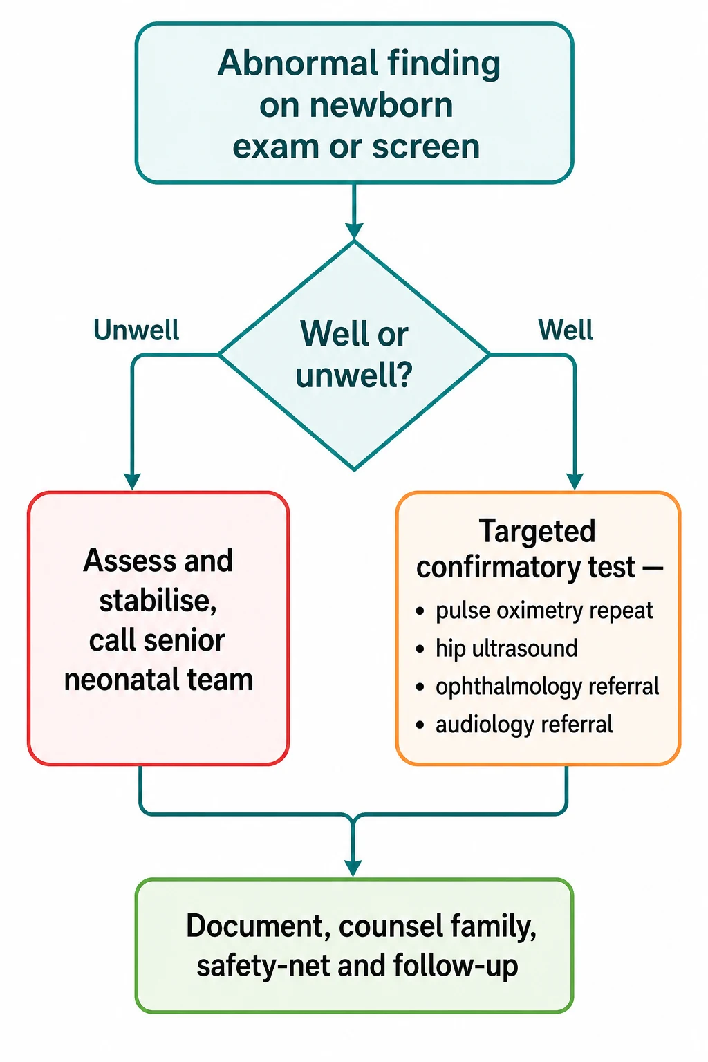 Decision and escalation flowchart for an abnormal newborn examination or screening finding, branching on whether the baby is well or unwell and leading through confirmatory testing to documentation, counselling and follow-up