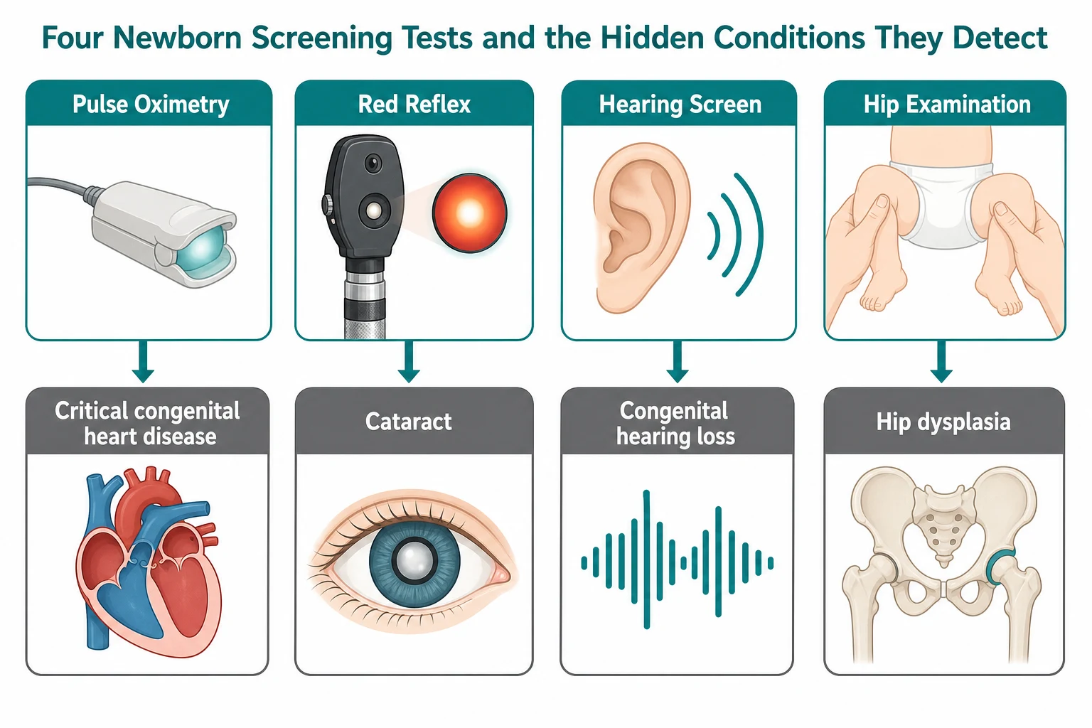 Four-panel diagram pairing each universal newborn screening test with the hidden condition it detects: pulse oximetry with critical congenital heart disease, red reflex with cataract, hearing screen with congenital hearing loss, hip examination with hip dysplasia