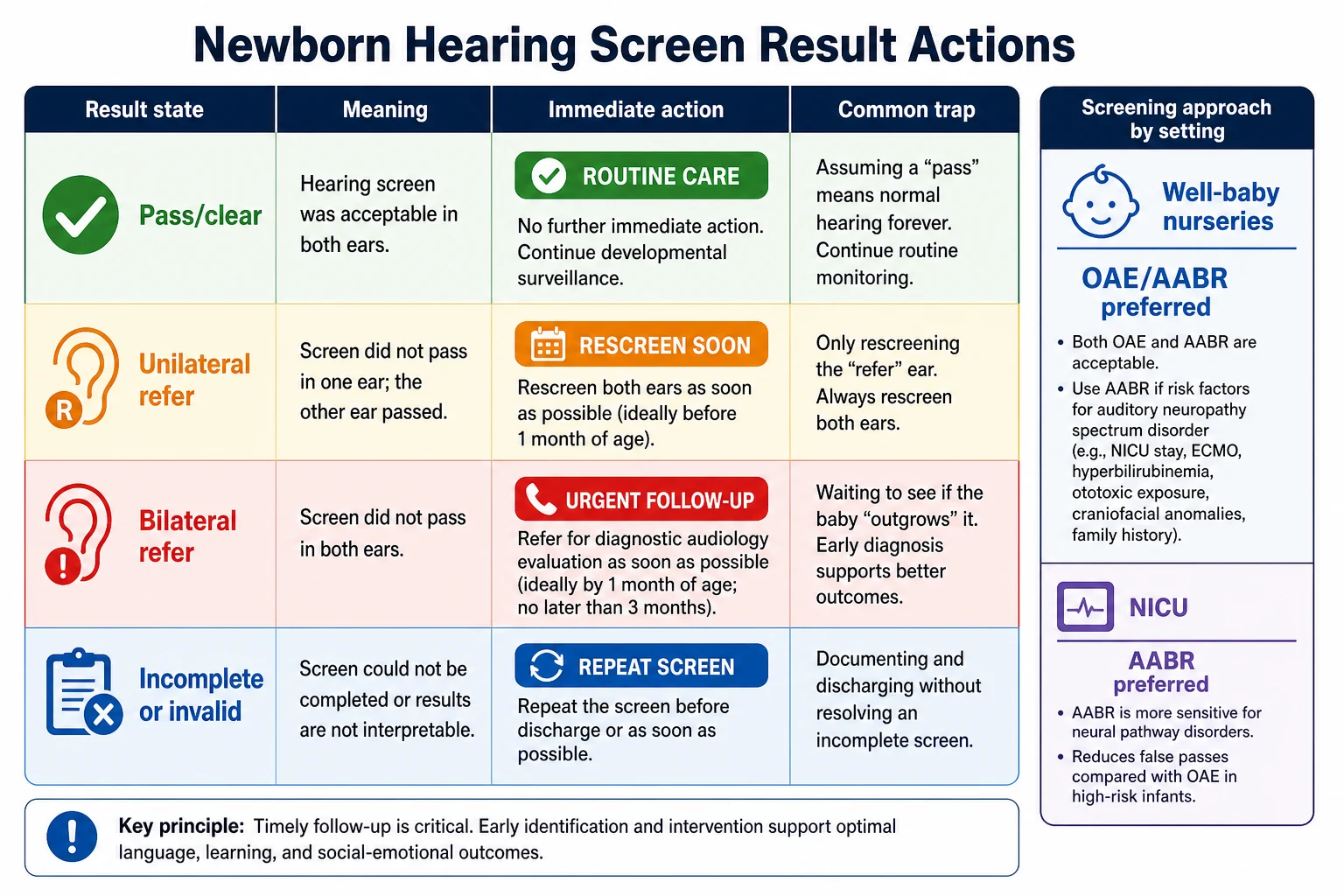 Educational matrix mapping newborn hearing screen result states pass, unilateral refer, bilateral refer and incomplete to actions and common traps
