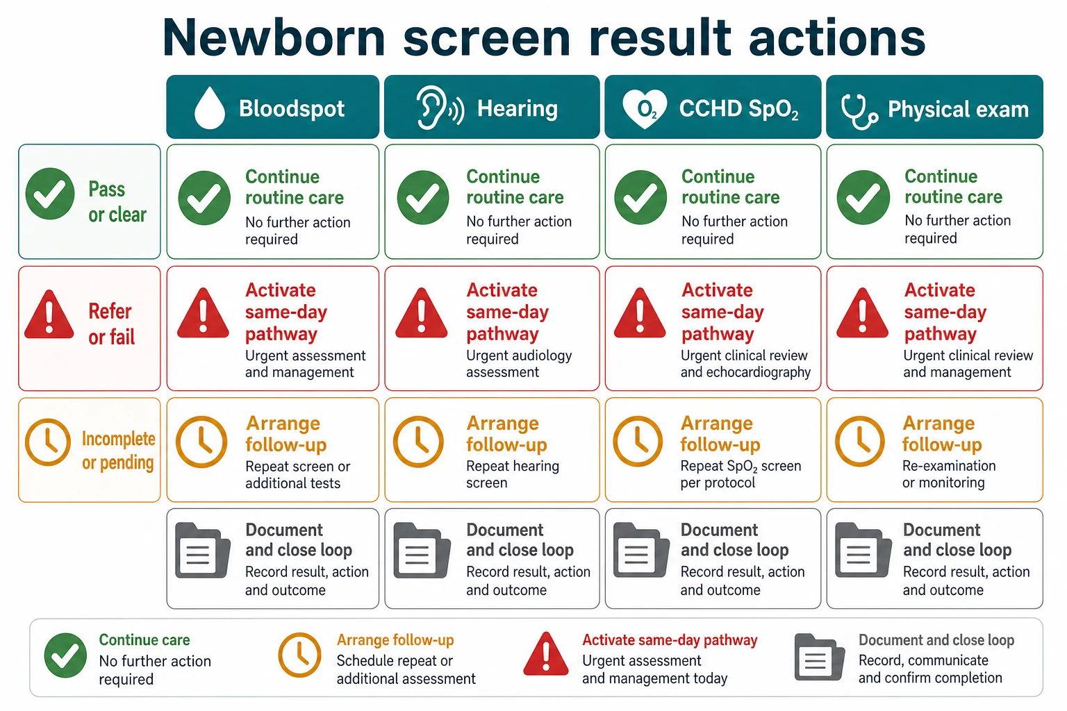 Educational matrix mapping bloodspot, hearing, CCHD pulse oximetry and physical examination results to pass, refer or fail, and incomplete or pending actions