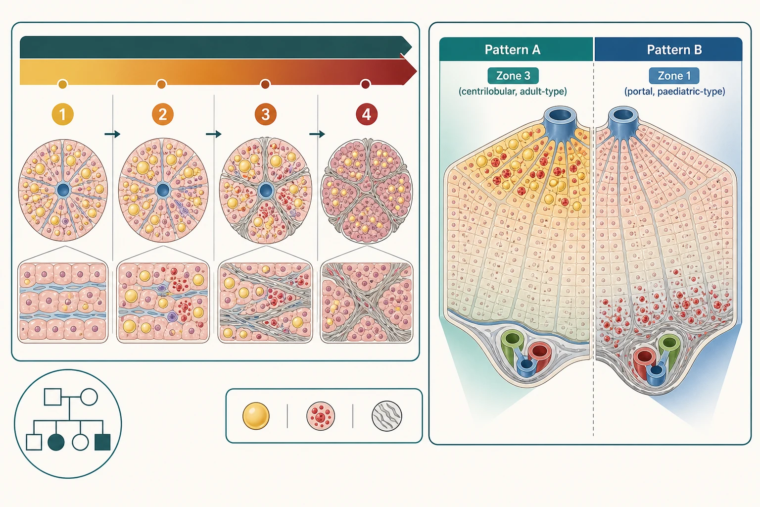 Diagram of the paediatric fatty liver disease spectrum from simple steatosis through steatohepatitis to fibrosis and cirrhosis, beside a liver lobule contrasting the adult-like zone-three centrilobular pattern with the paediatric zone-one portal-based pattern of injury.