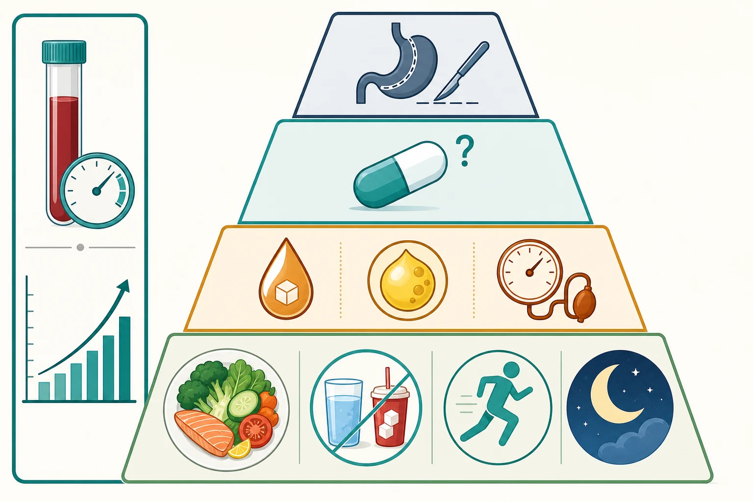 Stepwise management pyramid with a family-based lifestyle foundation of diet, exercise, and weight loss, then comorbidity control of diabetes, dyslipidaemia, and hypertension, then limited pharmacotherapy, then bariatric surgery for select adolescents, with an alanine aminotransferase surveillance bar running alongside.