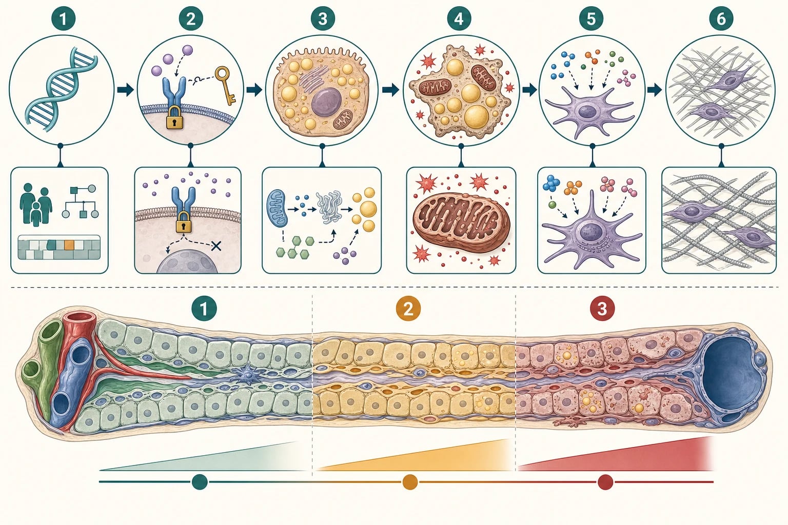 Multiple-hit cascade showing insulin resistance and de novo lipogenesis driving triglyceride accumulation, then oxidative stress and lipotoxicity, inflammatory cytokines, and stellate cell activation producing fibrosis, with genetic susceptibility as an upstream modifier.