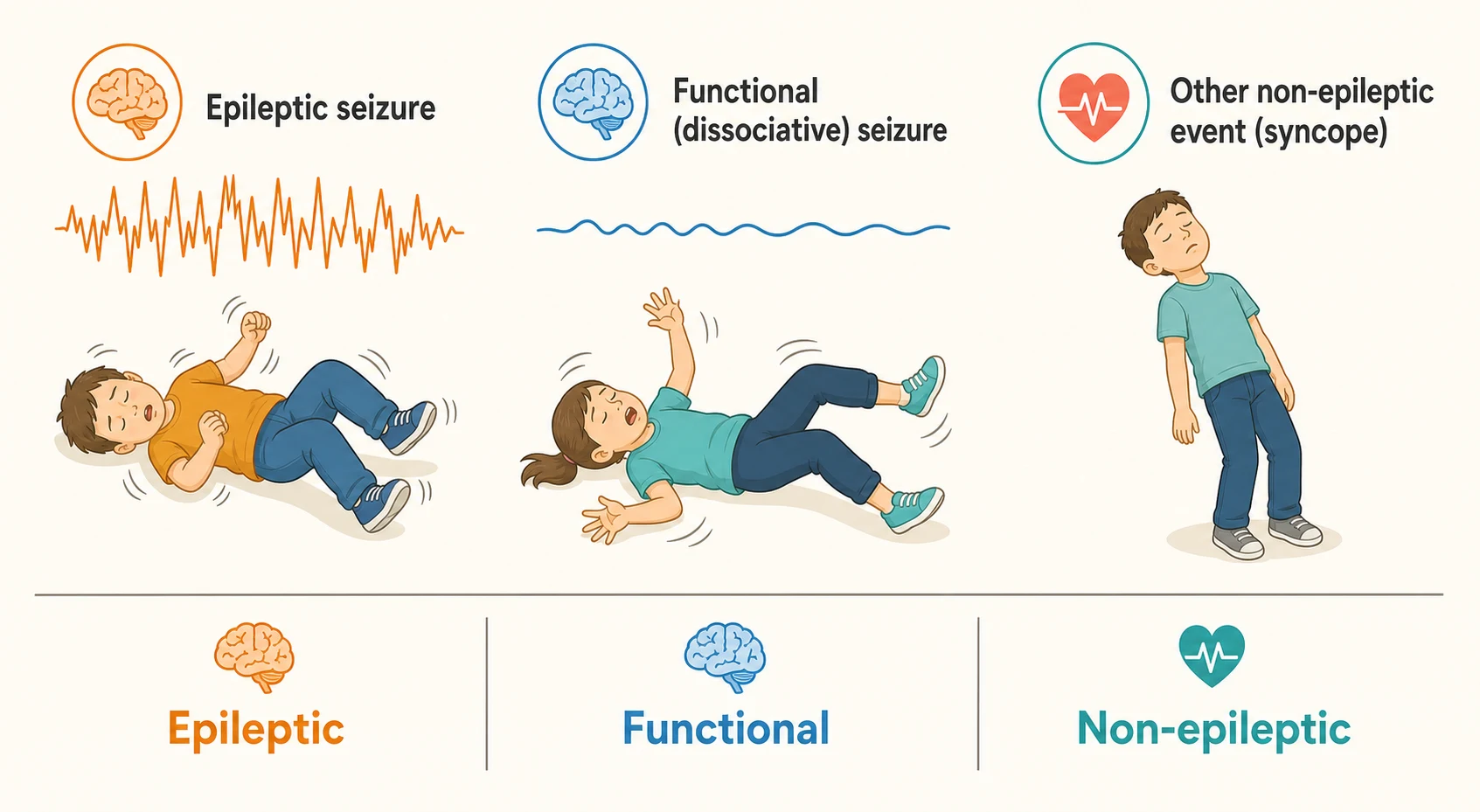 Three-panel comparison of an epileptic seizure with jagged electrical discharge and spike EEG, a functional dissociative seizure with a calm brain and involuntary movement, and another non-epileptic event such as syncope with a fainting figure and a heart icon.