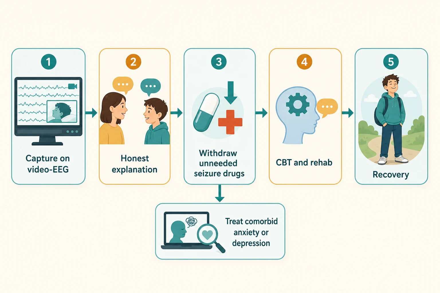 A five-step care pathway from video-EEG capture through honest explanation, supervised withdrawal of unnecessary antiseizure drugs, cognitive behavioural therapy and multidisciplinary rehabilitation, to recovery, with a branch to treat comorbid anxiety or depression.