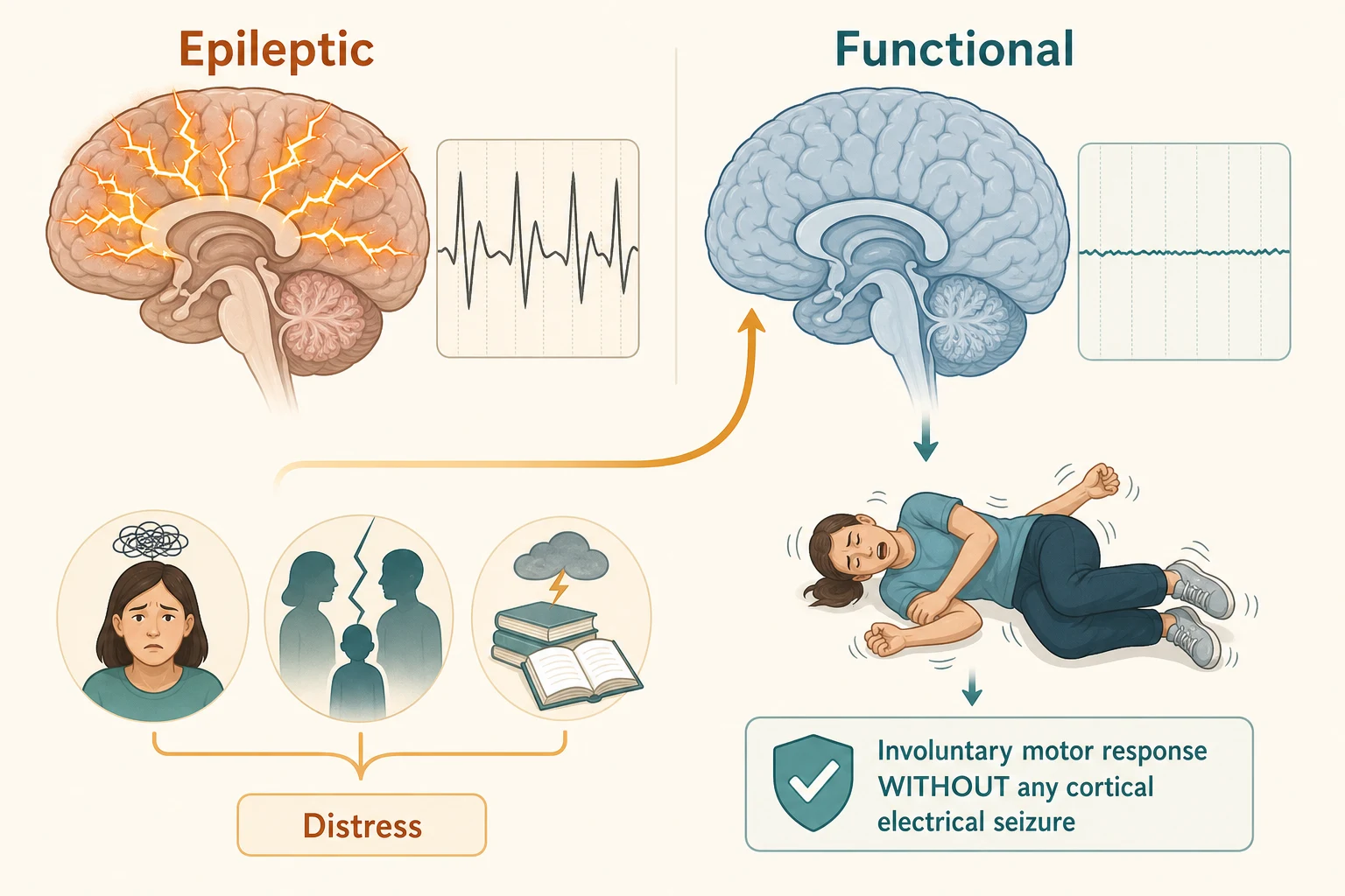 Mechanistic contrast between an epileptic brain showing jagged orange electrical discharge with a spiky EEG trace, and a functional brain with a calm cortex and a normal low-amplitude EEG during involuntary convulsive movement, with a flow of distress icons feeding the functional side.