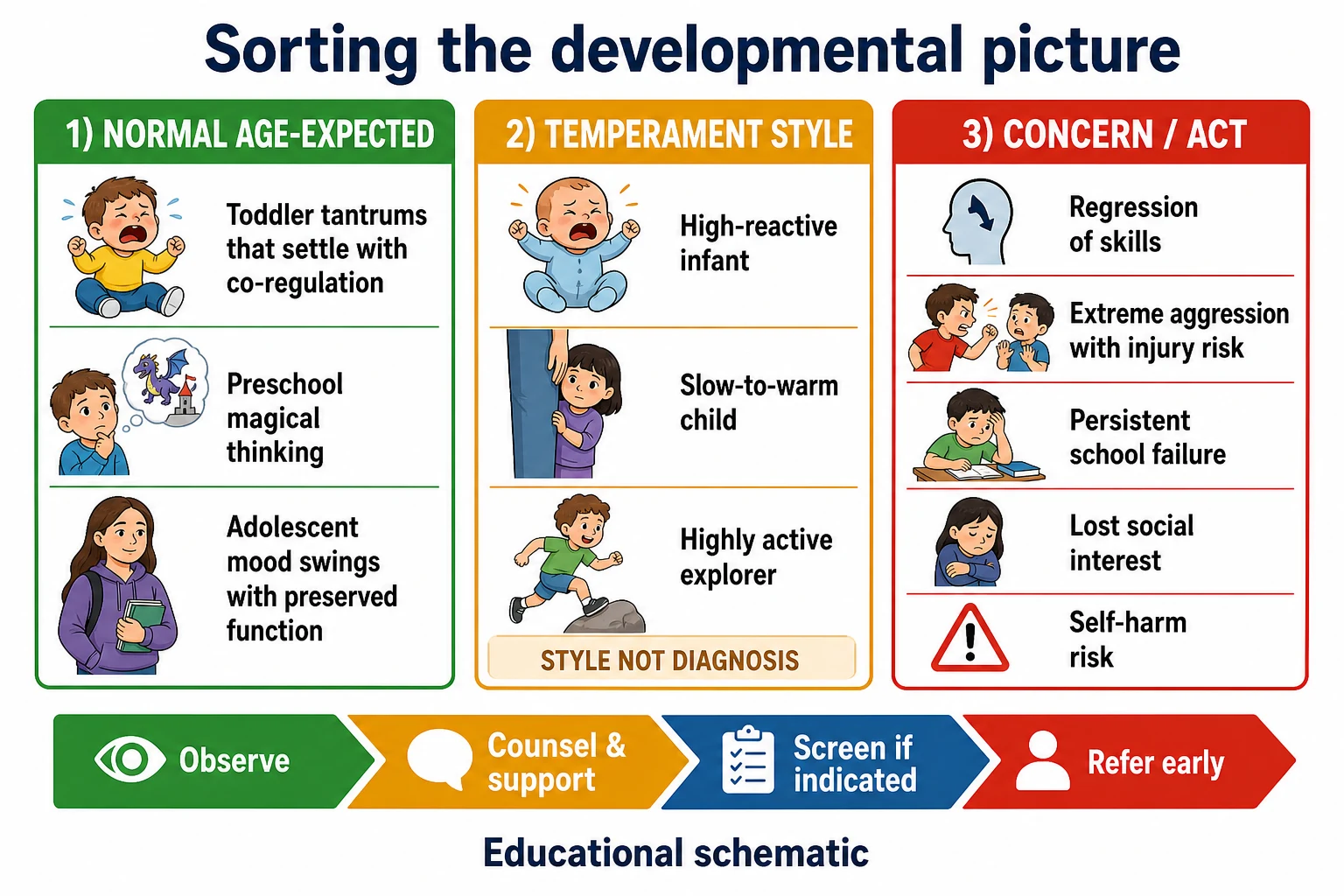 Educational three-column flowchart sorting age-expected behaviour, temperament style and concerning patterns needing action