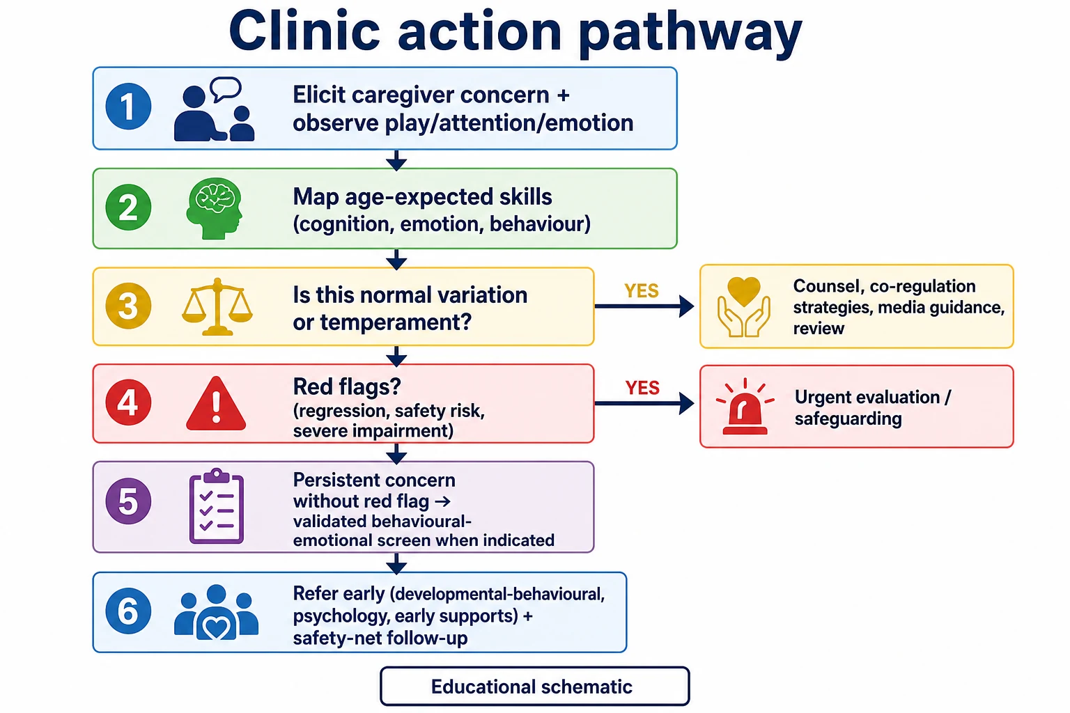 Clinic algorithm from caregiver concern through observation, counselling, red-flag escalation, screening and referral