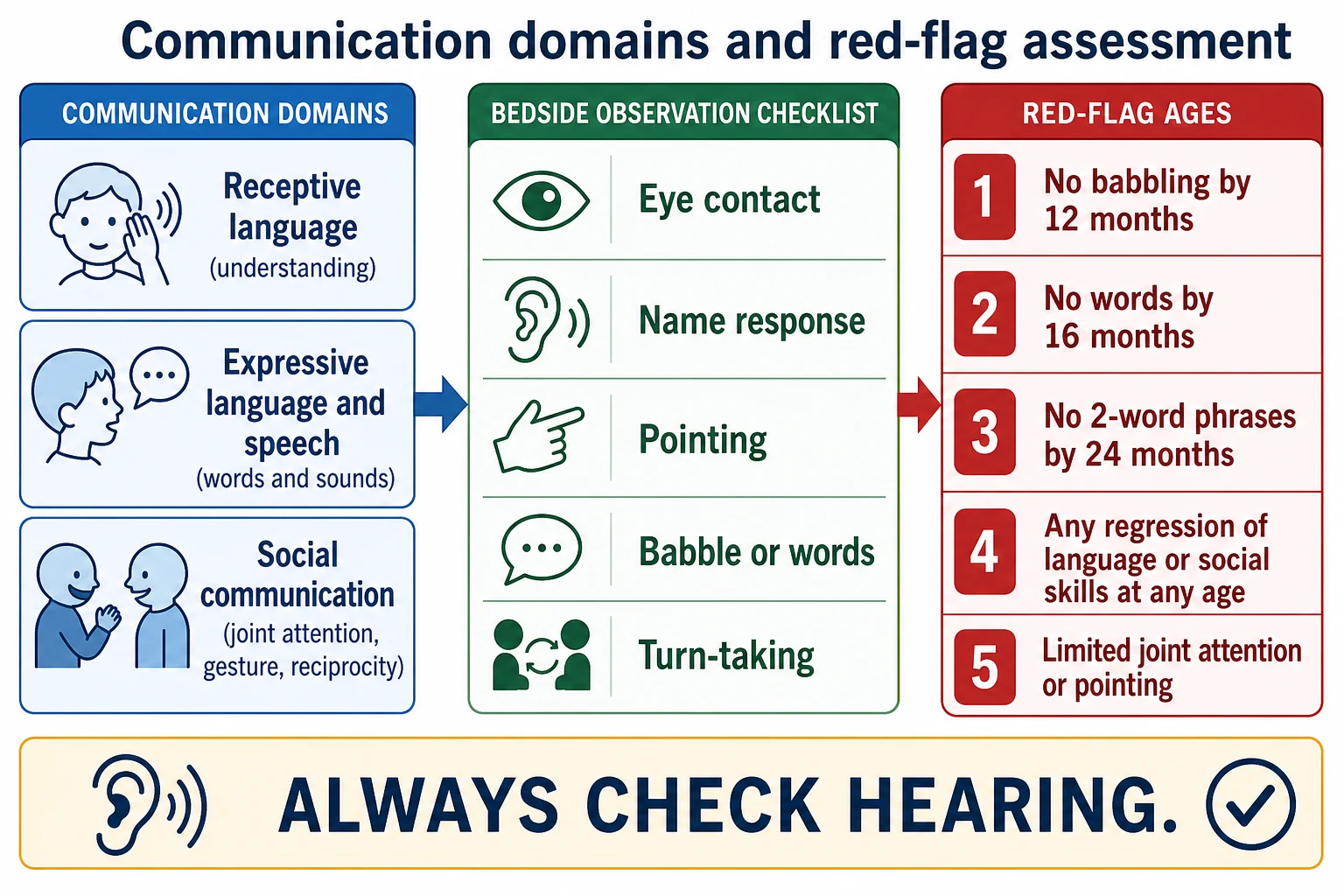Educational flowchart mapping receptive language, expressive speech and social communication domains beside red-flag ages and a hearing check reminder
