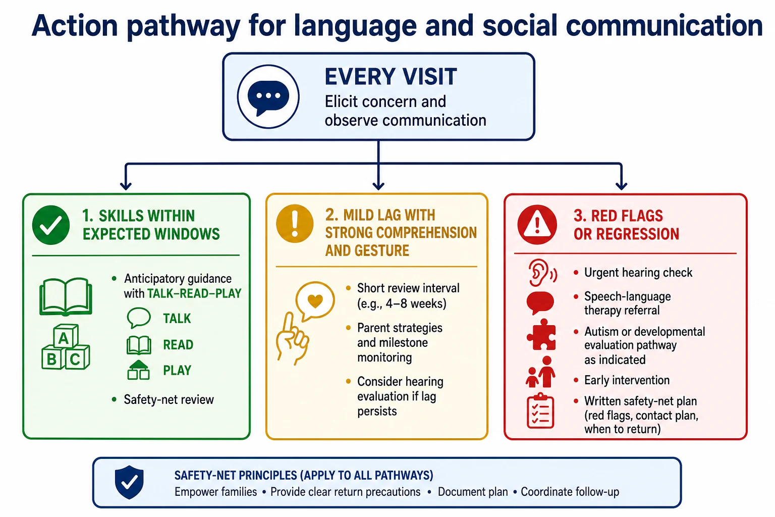 Algorithm from every-visit observation to green anticipatory guidance, amber short review, or red-flag referral including hearing and early intervention