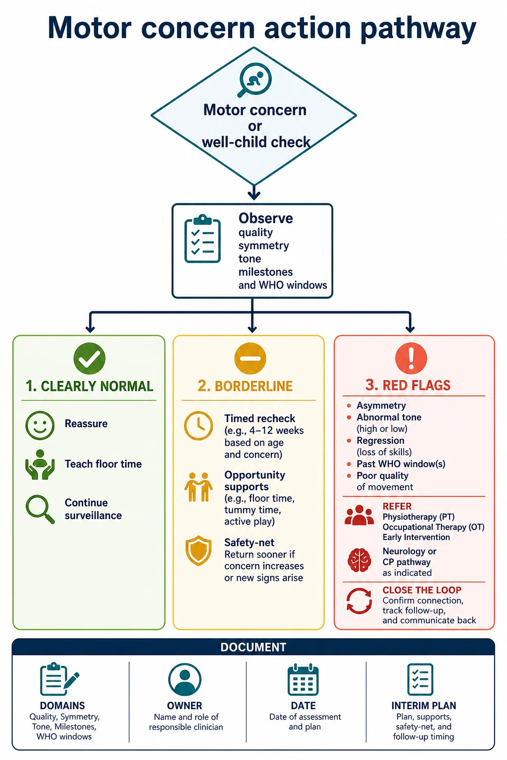 Educational algorithm from motor concern through observation and WHO windows to reassure, timed recheck, or referral with closed loop