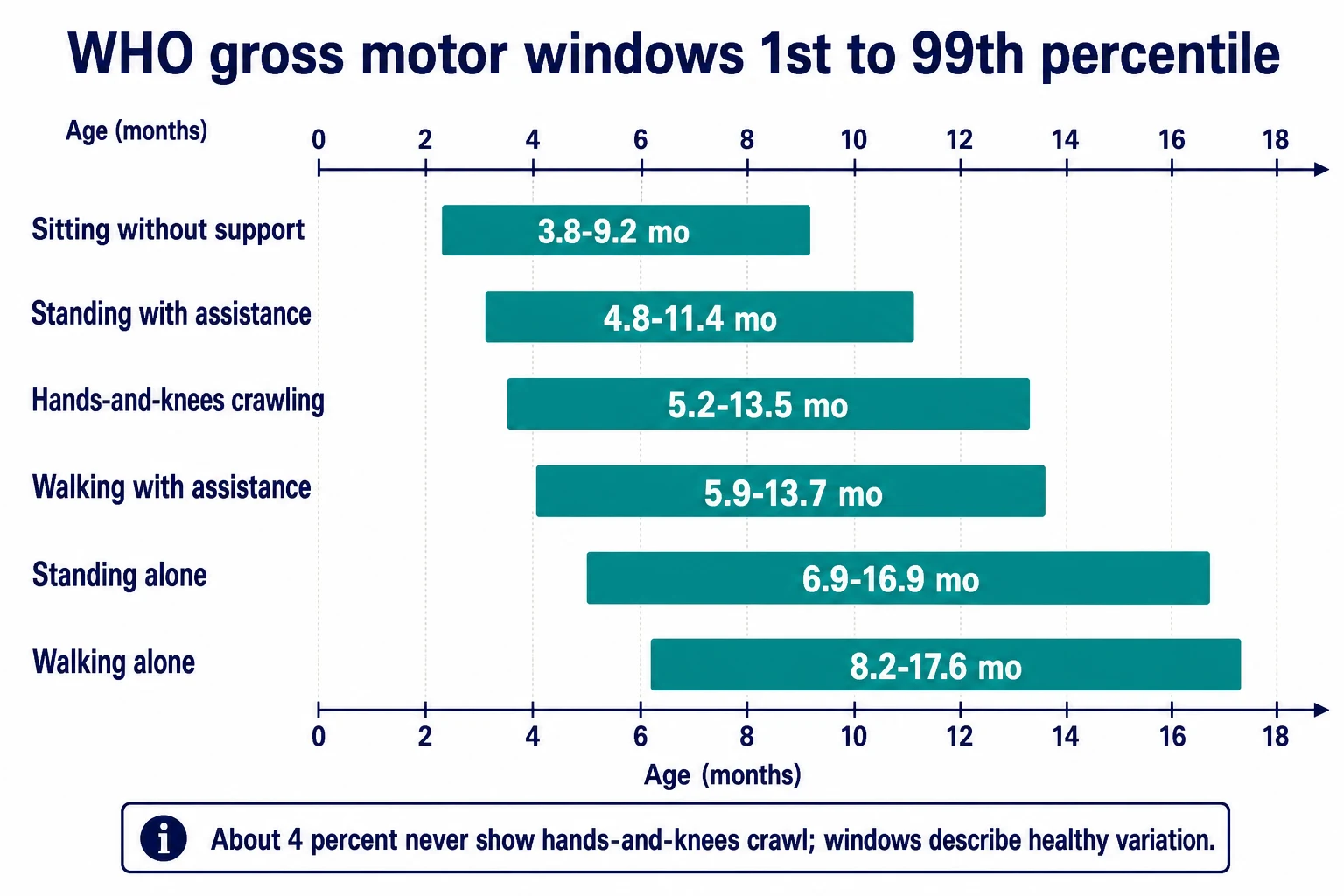 Educational timeline of WHO first to ninety-ninth percentile windows for six gross motor milestones from sitting to walking alone
