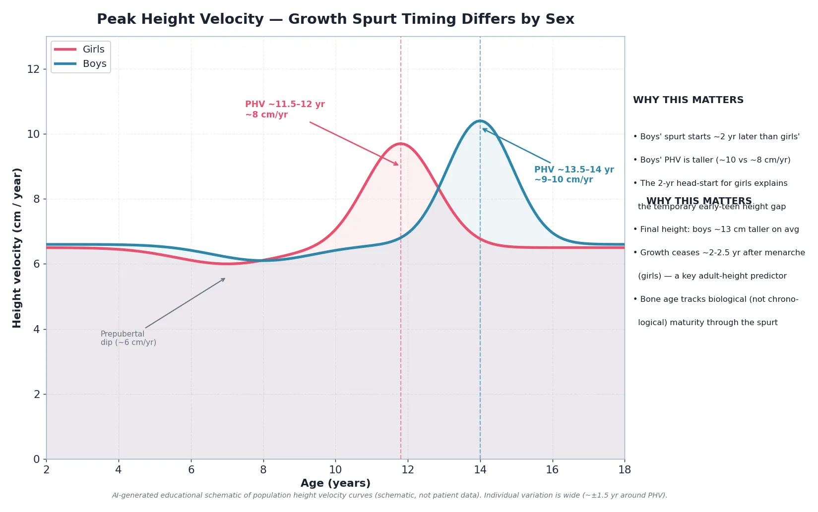 Educational schematic of population height velocity curves for girls and boys showing peak height velocity timing and magnitude