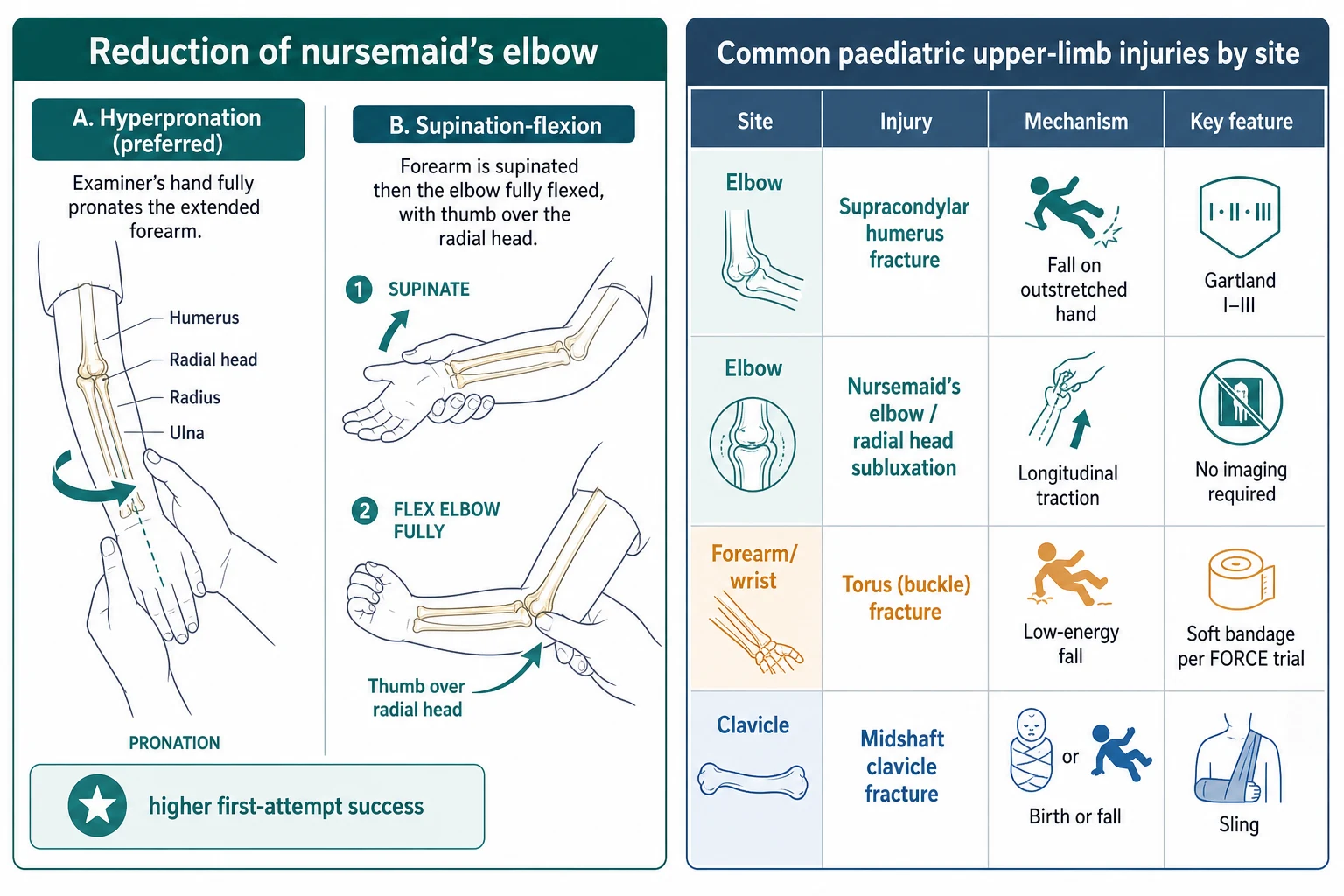 Two-panel educational schematic. Left panel labelled 'Reduction of nursemaid's elbow': two side-by-side line diagrams of a child's elbow and forearm showing hyperpronation, the examiner fully pronating the extended forearm and marked 'preferred, higher first-attempt success', and supination-flexion, the forearm supinated then the elbow fully flexed with a thumb over the radial head. Right panel labelled 'Common paediatric upper-limb injuries by site': a tidy four-row table with site, injury, mechanism, and key feature — Elbow: supracondylar humerus fracture, fall on outstretched hand, Gartland I to III; Elbow: nursemaid's elbow or radial head subluxation, longitudinal traction, no imaging; Forearm and wrist: torus or buckle fracture, low-energy fall, soft bandage per the FORCE trial; Clavicle: midshaft clavicle fracture, birth or fall, sling.