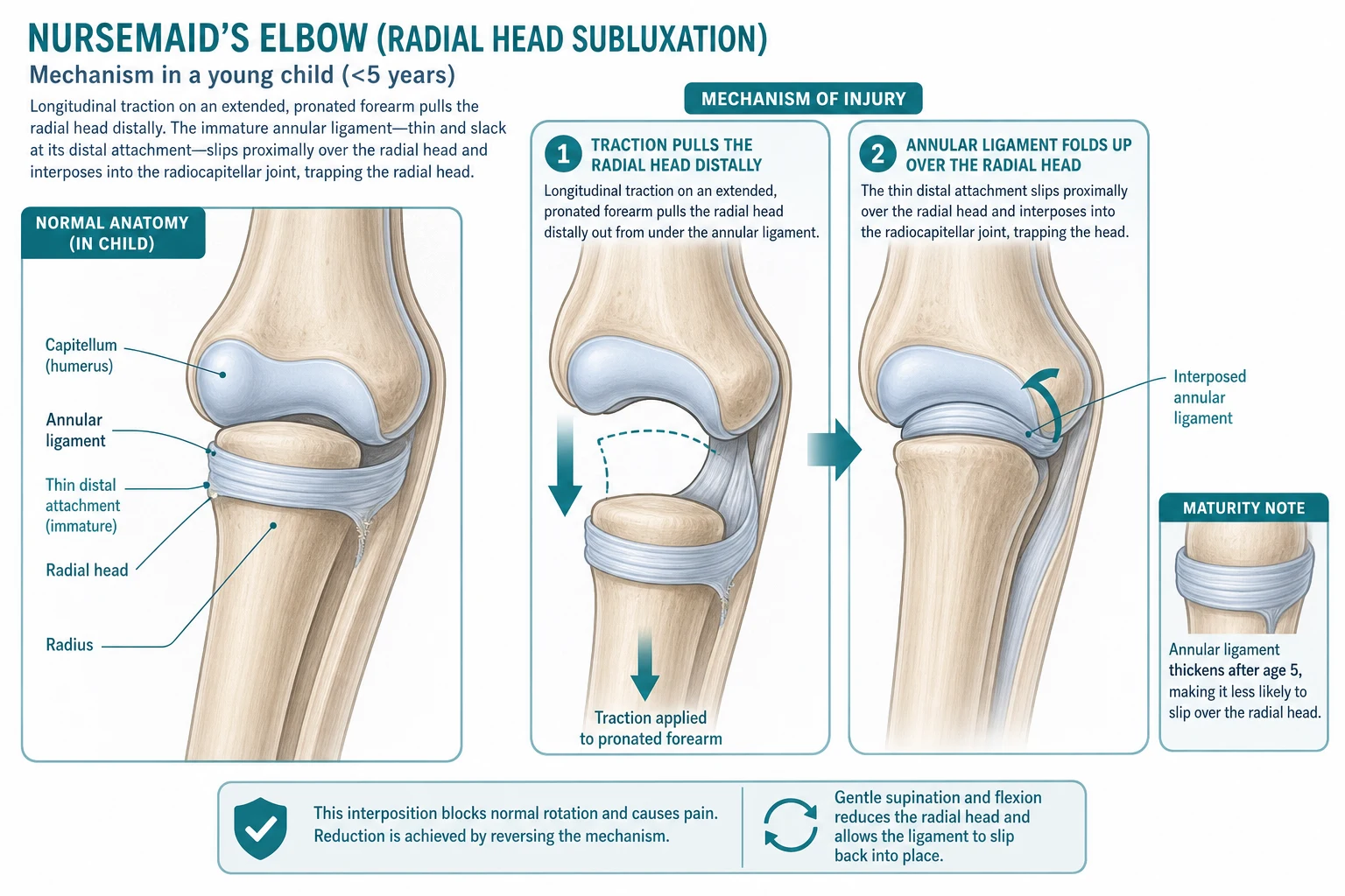An anatomical cross-section of a young child's elbow in a clean flat medical-illustration style. Two sequential inset arrows show the mechanism: the first, traction on the pronated extended forearm pulls the radial head distally within the annular ligament; the second, the thin slack distal attachment of the annular ligament folds proximally over the radial head and interposes into the radiocapitellar joint, trapping the head. The radius, the radial head, the capitellum, and the annular ligament with its thin distal attachment are labelled. A small note reads: the annular ligament thickens and firms after about age five.