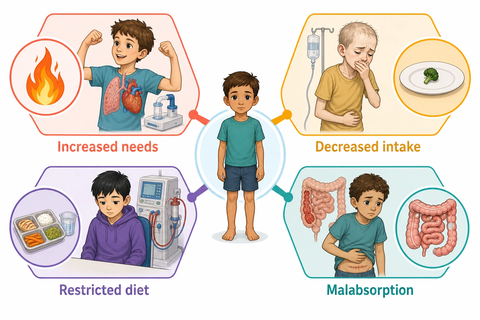 Classification of chronic disease malnutrition by mechanism in four colour-coded branches around a central child: increased needs in coral showing high-energy cystic fibrosis and cardiac disease with a flame, decreased intake in amber showing an anorexic cancer child with an untouched plate, malabsorption and losses in teal showing a coiled intestine for inflammatory bowel disease and short bowel, and restricted diet in purple showing a measured tray and crossed-out foods for kidney disease