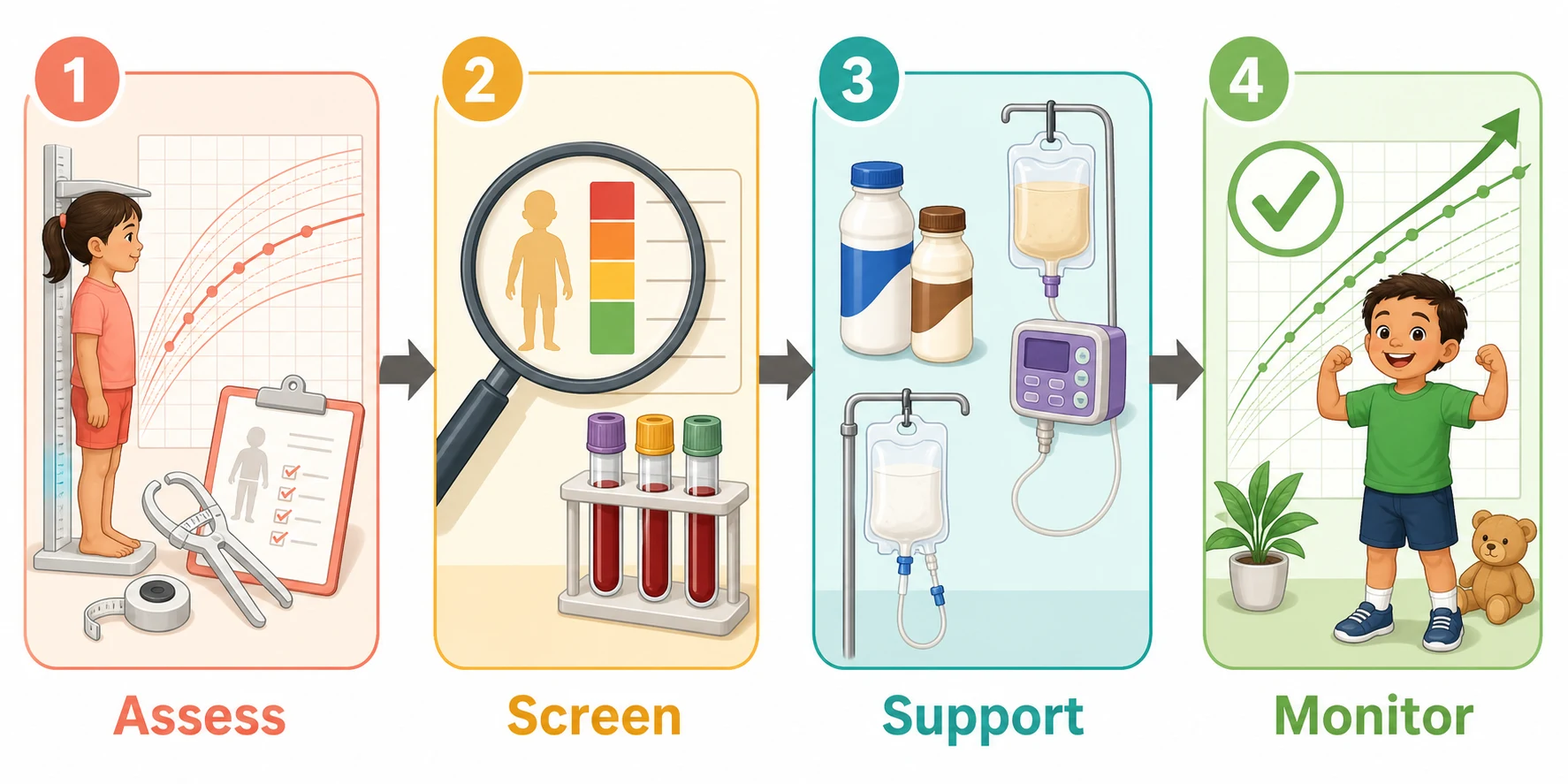 Clinical management pathway read left to right in four colour-coded stages connected by arrows: stage one Assess in coral with a growth chart, anthropometry calipers and a clipboard, stage two Screen in amber with a magnifying glass over malnutrition indicators and blood tubes, stage three Support in teal with oral nutritional supplements, an enteral feeding pump bag and parenteral nutrition, and stage four Monitor in green with an upward growth-curve arrow, a checkmark and a thriving child